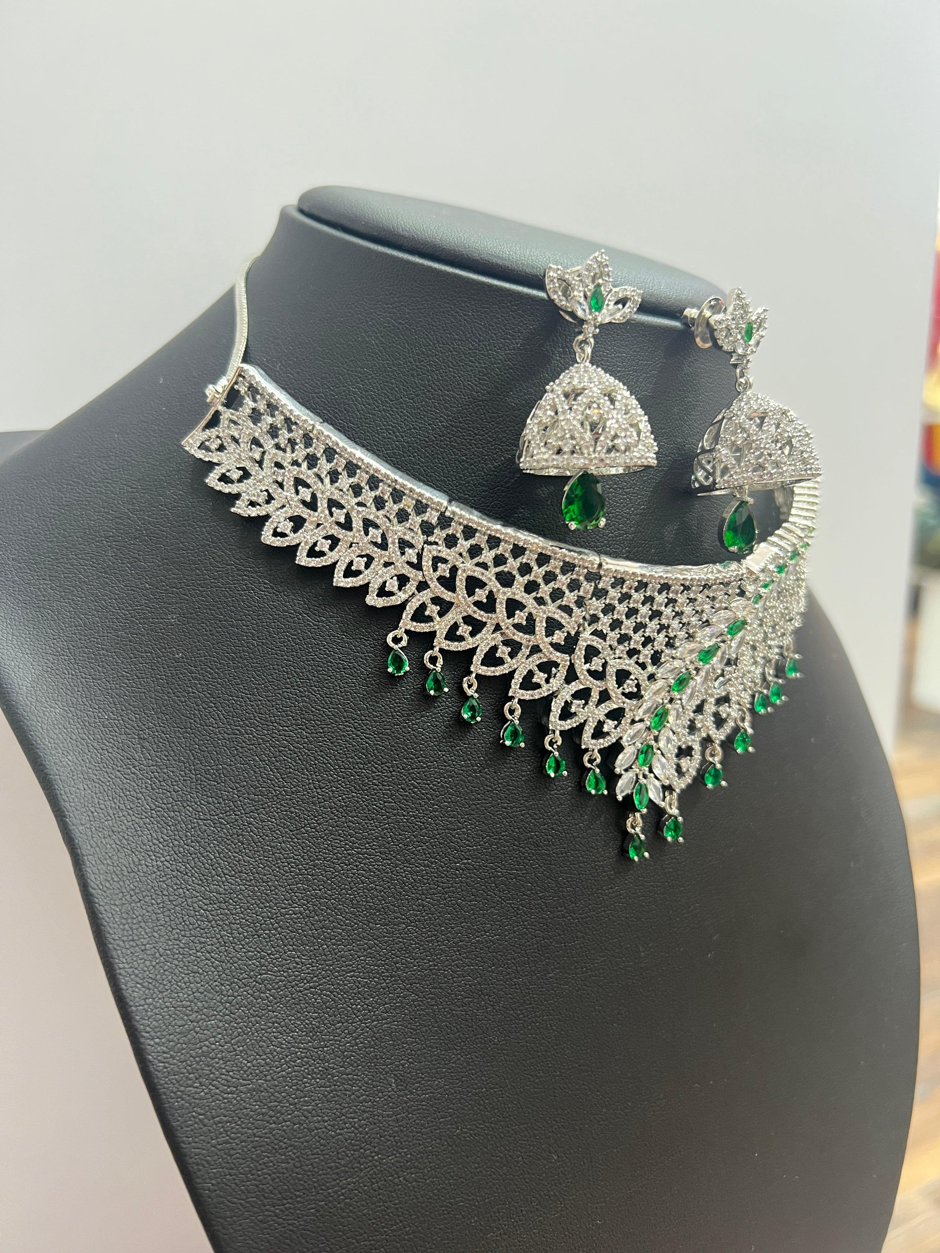 American Diamond Choker Necklace Set In Green - Boutique Nepal Australia 