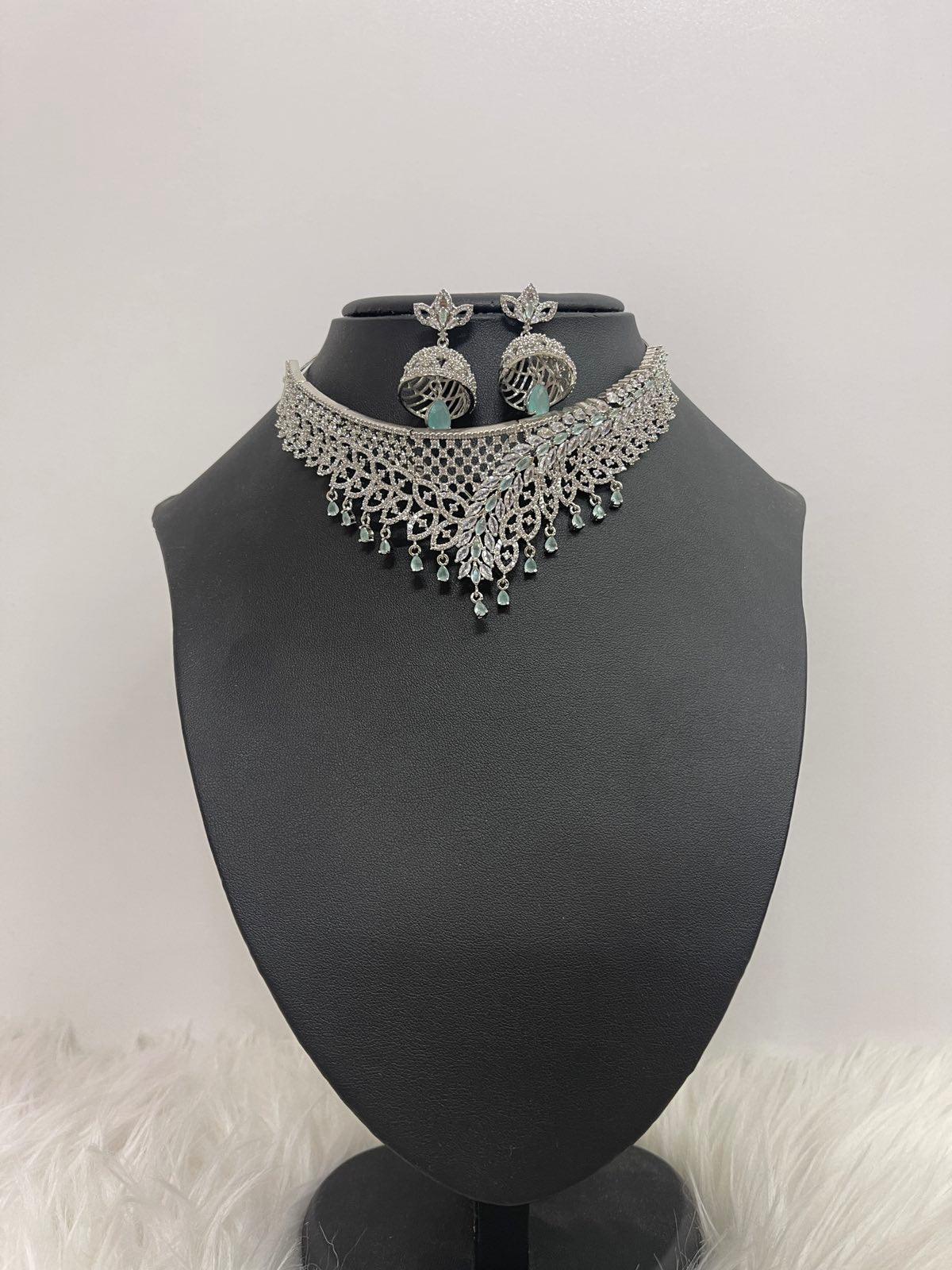 American Diamond Choker Necklace Set In Sea Green - Boutique Nepal