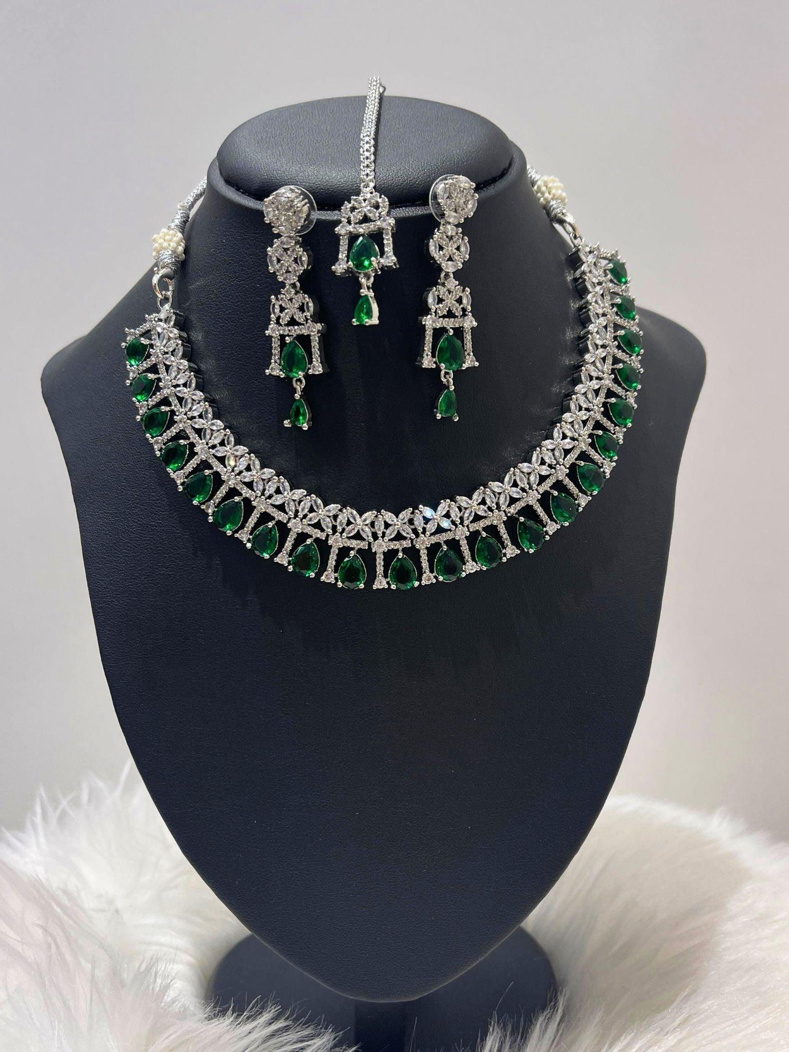 American Diamond Necklace Set In Green - Boutique Nepal Au