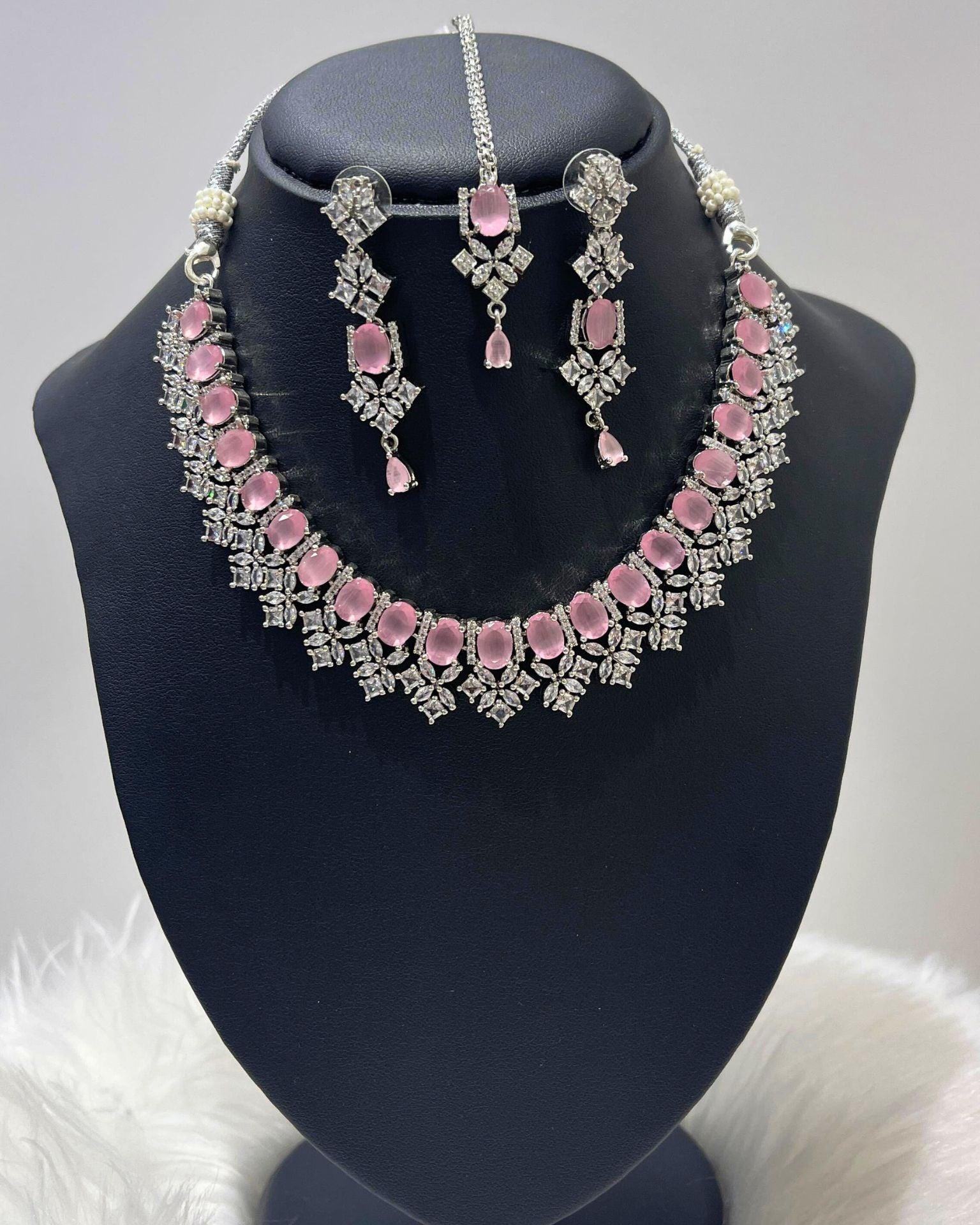 American Diamond Necklace Set In Pink - Boutique Nepal Au