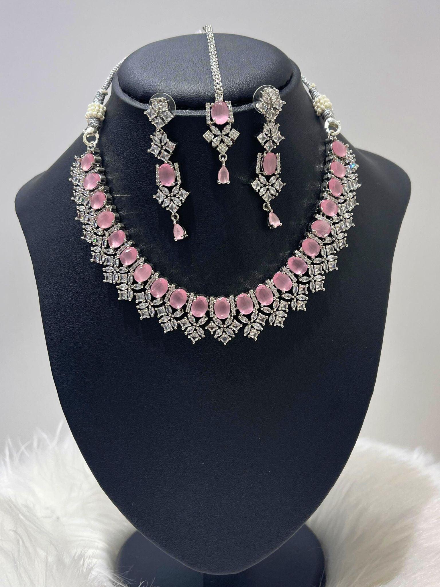 American Diamond Necklace Set In Pink - Boutique Nepal