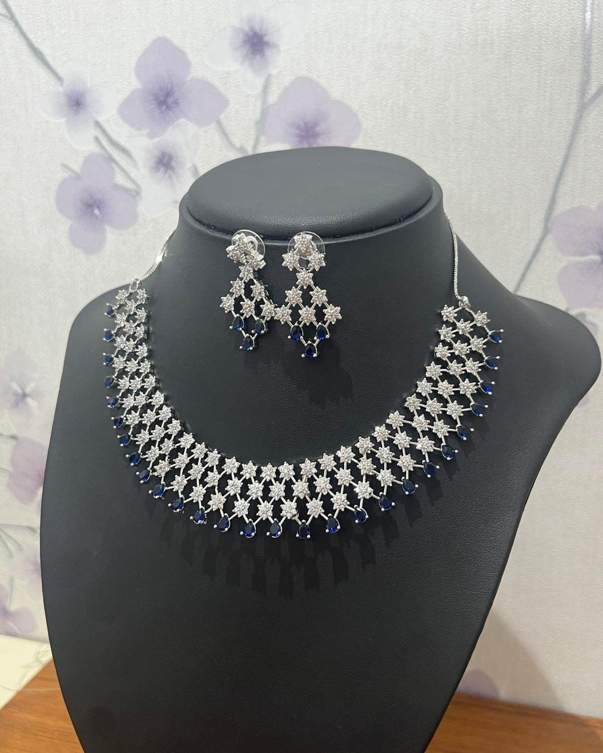 American Diamond Necklace Set with Dark Blue Stone - Boutique Nepal