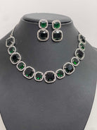 American Diamond Necklace Set with Dark Green Sparkling Stone - Boutique Nepal