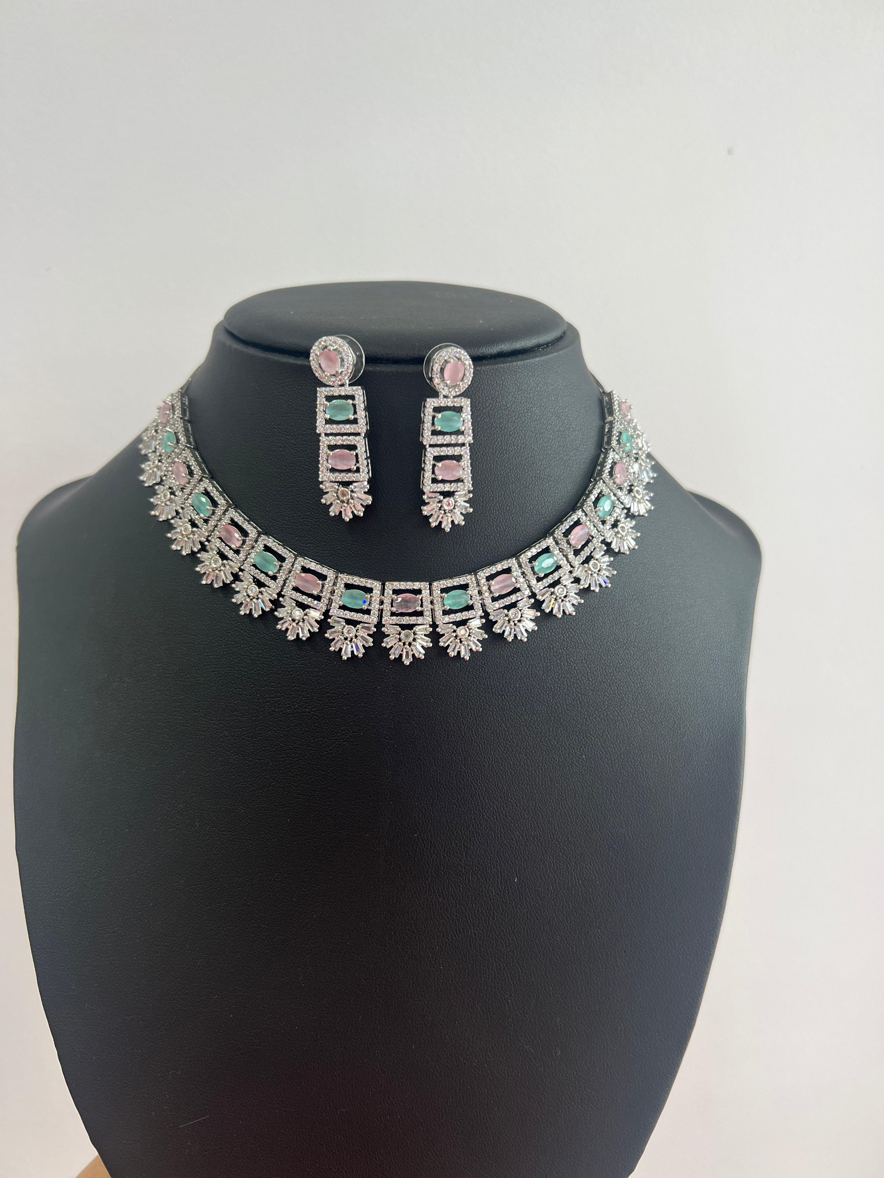 American Diamond Necklace Set with Multicoloured Stone - Boutique Nepal Australia 