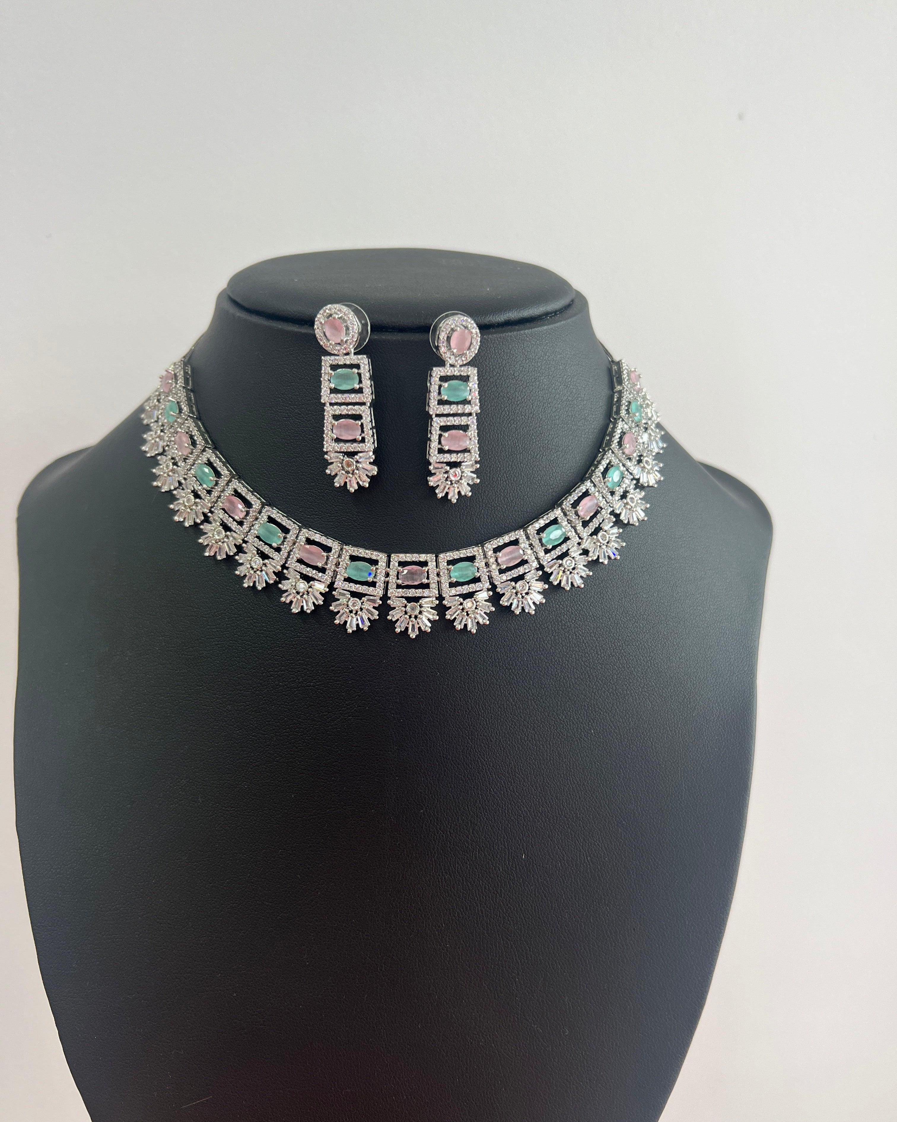 American Diamond Necklace Set with Multicoloured Stone - Boutique Nepal Australia 