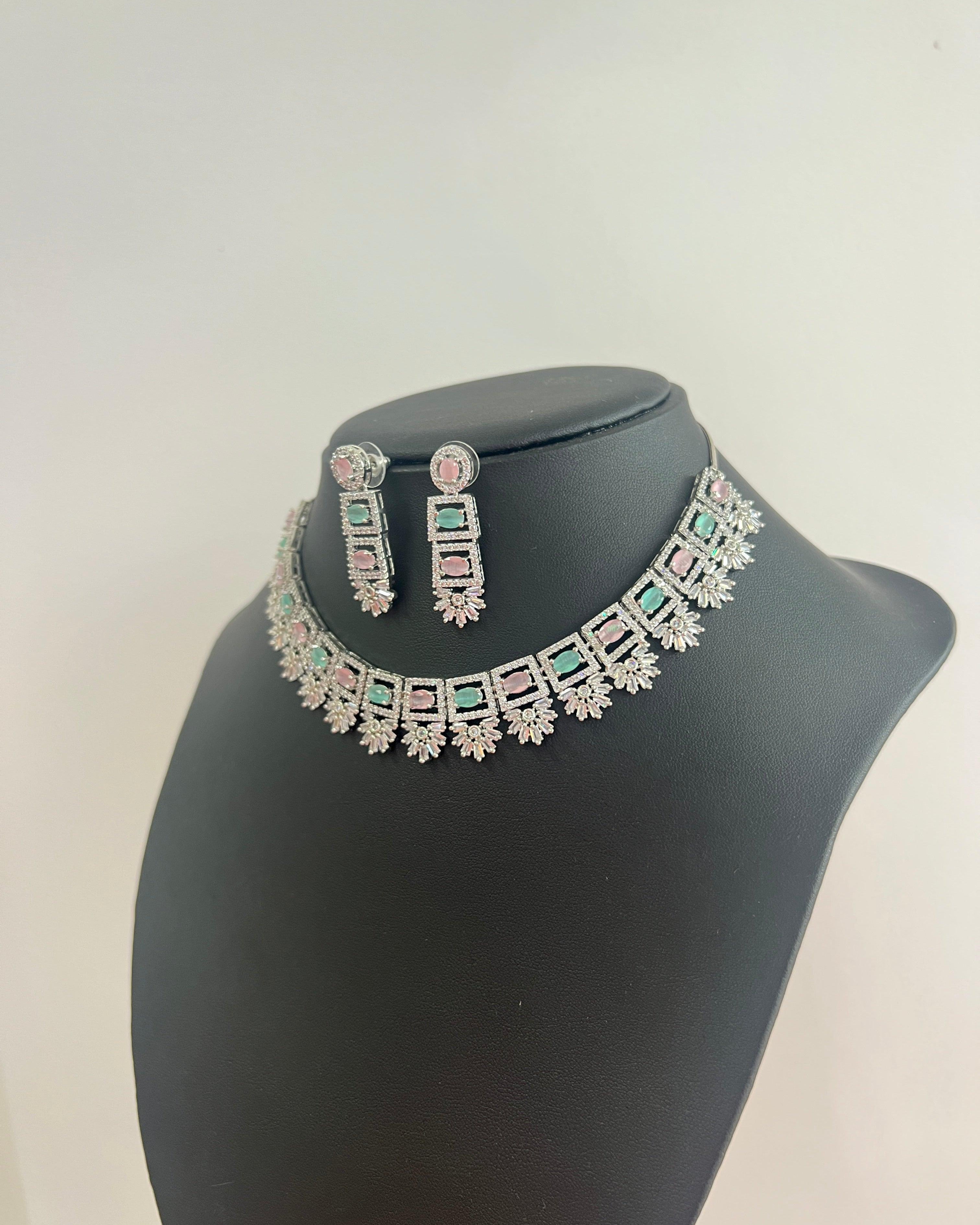American Diamond Necklace Set with Multicoloured Stone - Boutique Nepal Australia 