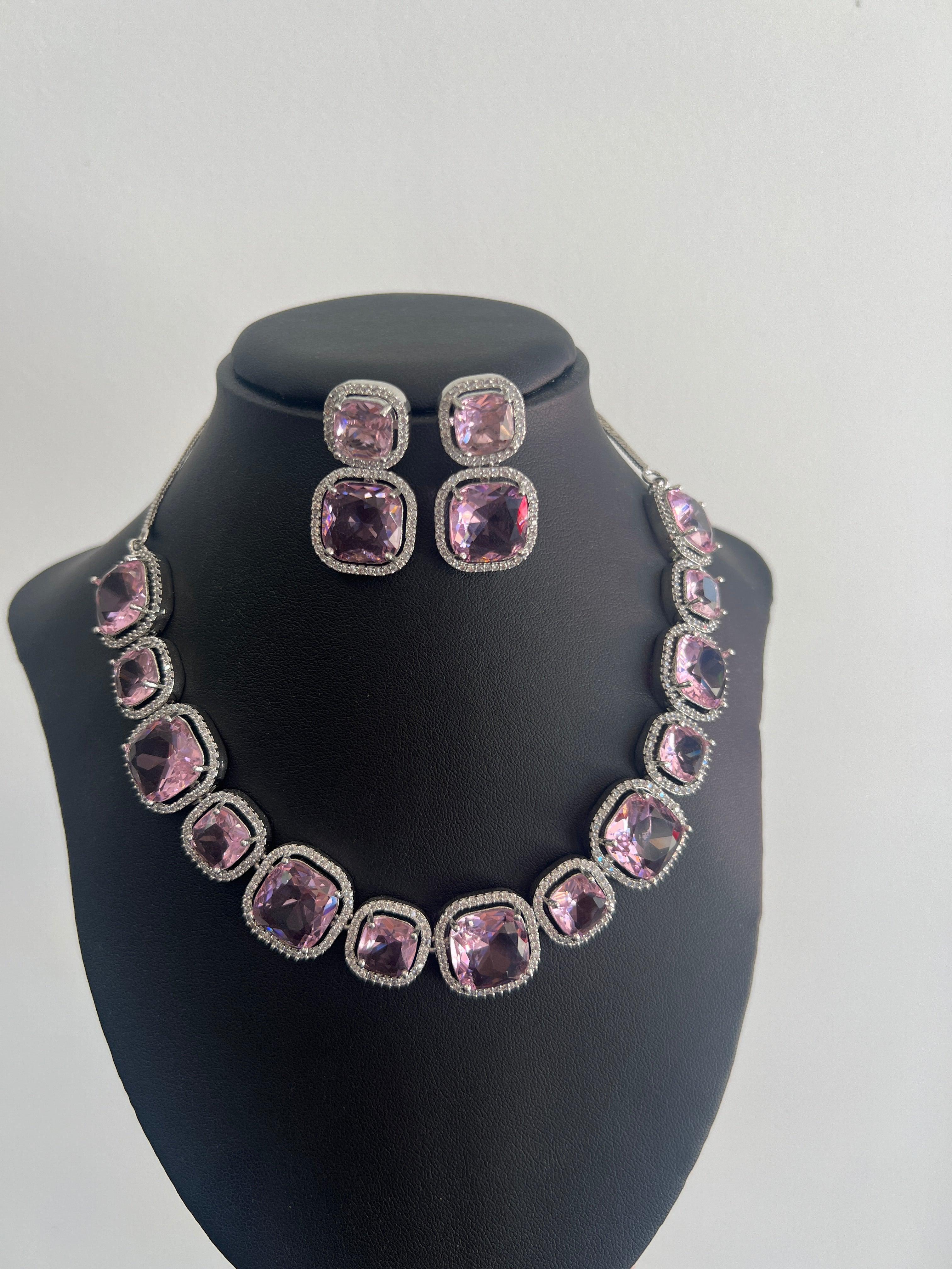 American Diamond Necklace Set with Pink Sparkling Stone - Boutique Nepal