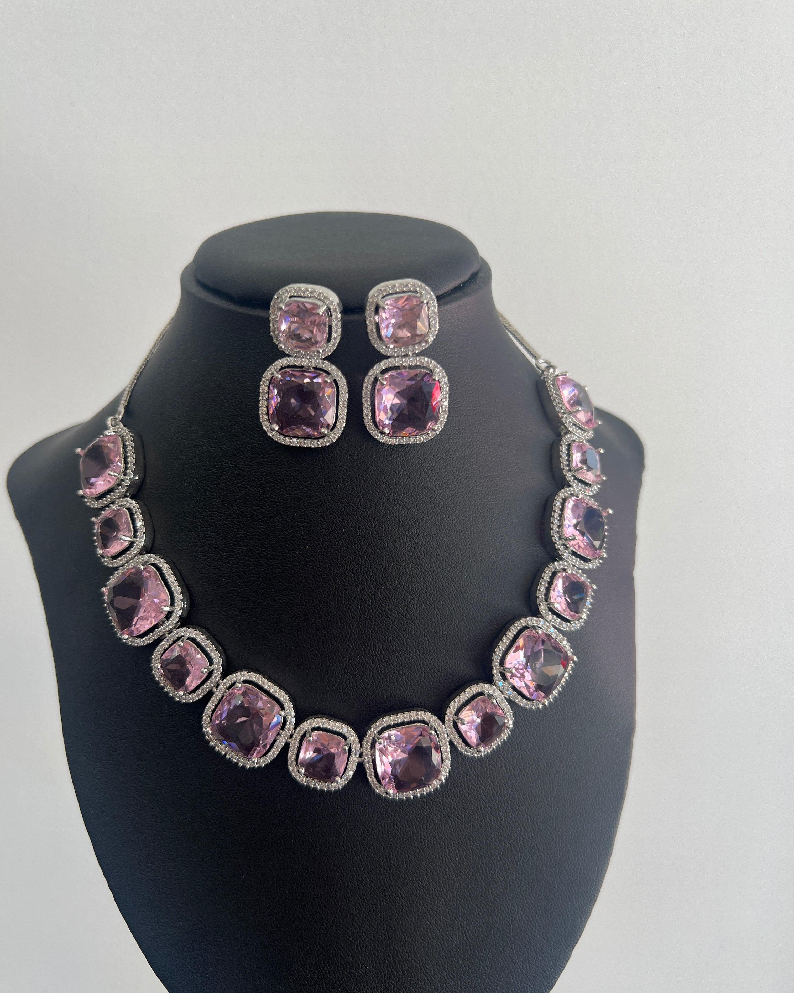 American Diamond Necklace Set with Pink Sparkling Stone - Boutique Nepal