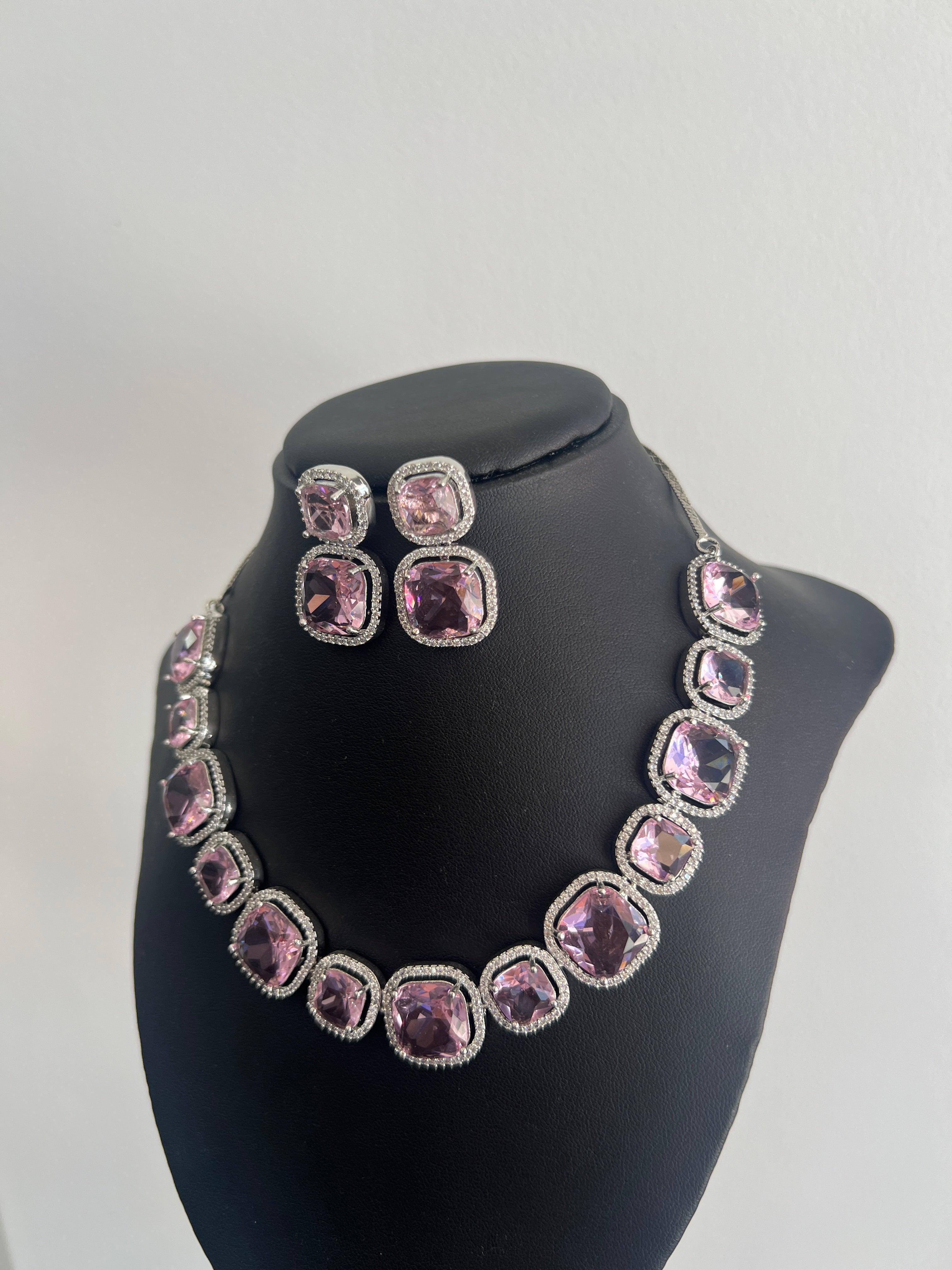 American Diamond Necklace Set with Pink Sparkling Stone - Boutique Nepal