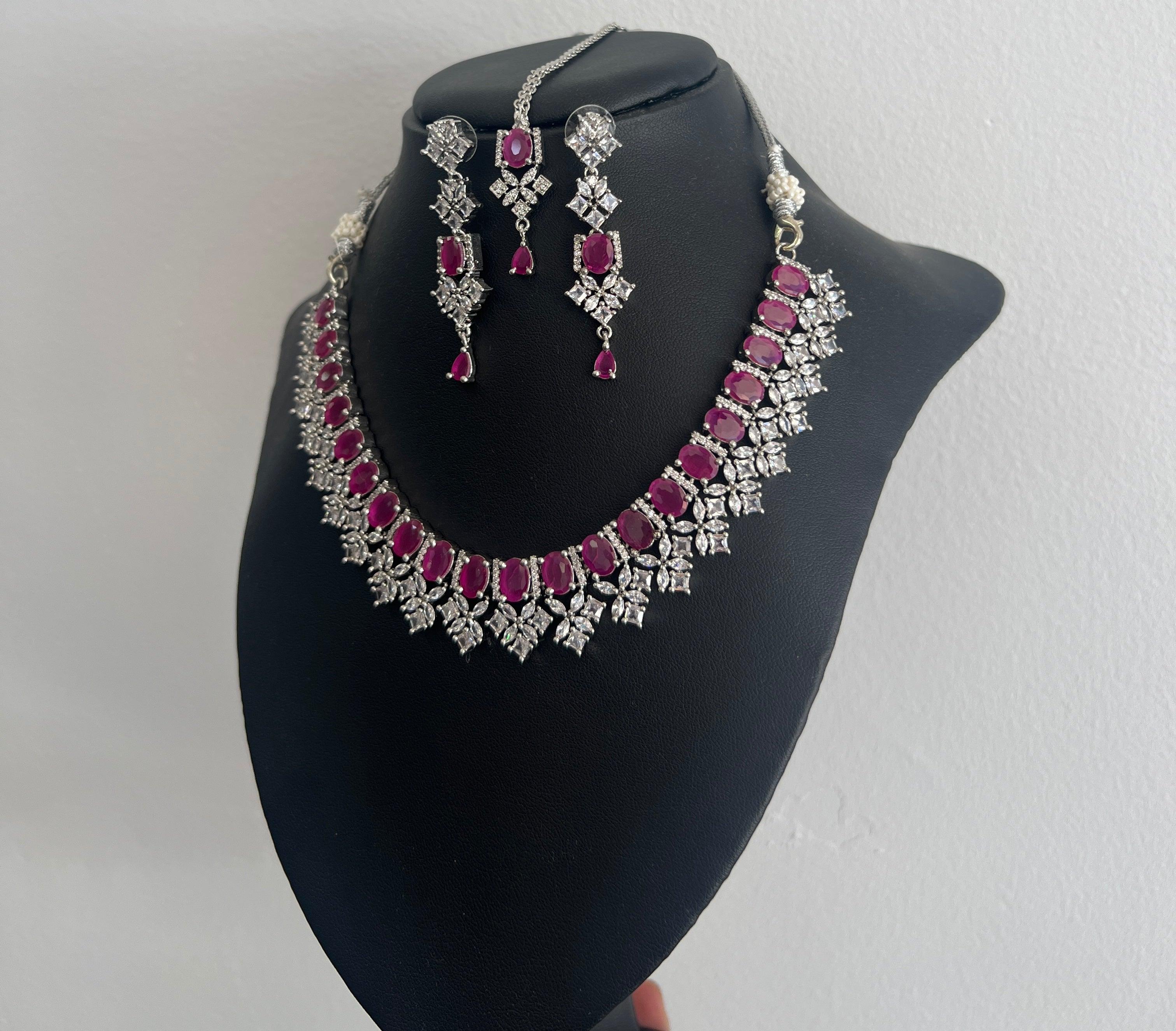 American Diamond Necklace Set with Purple Stone - Boutique Nepal