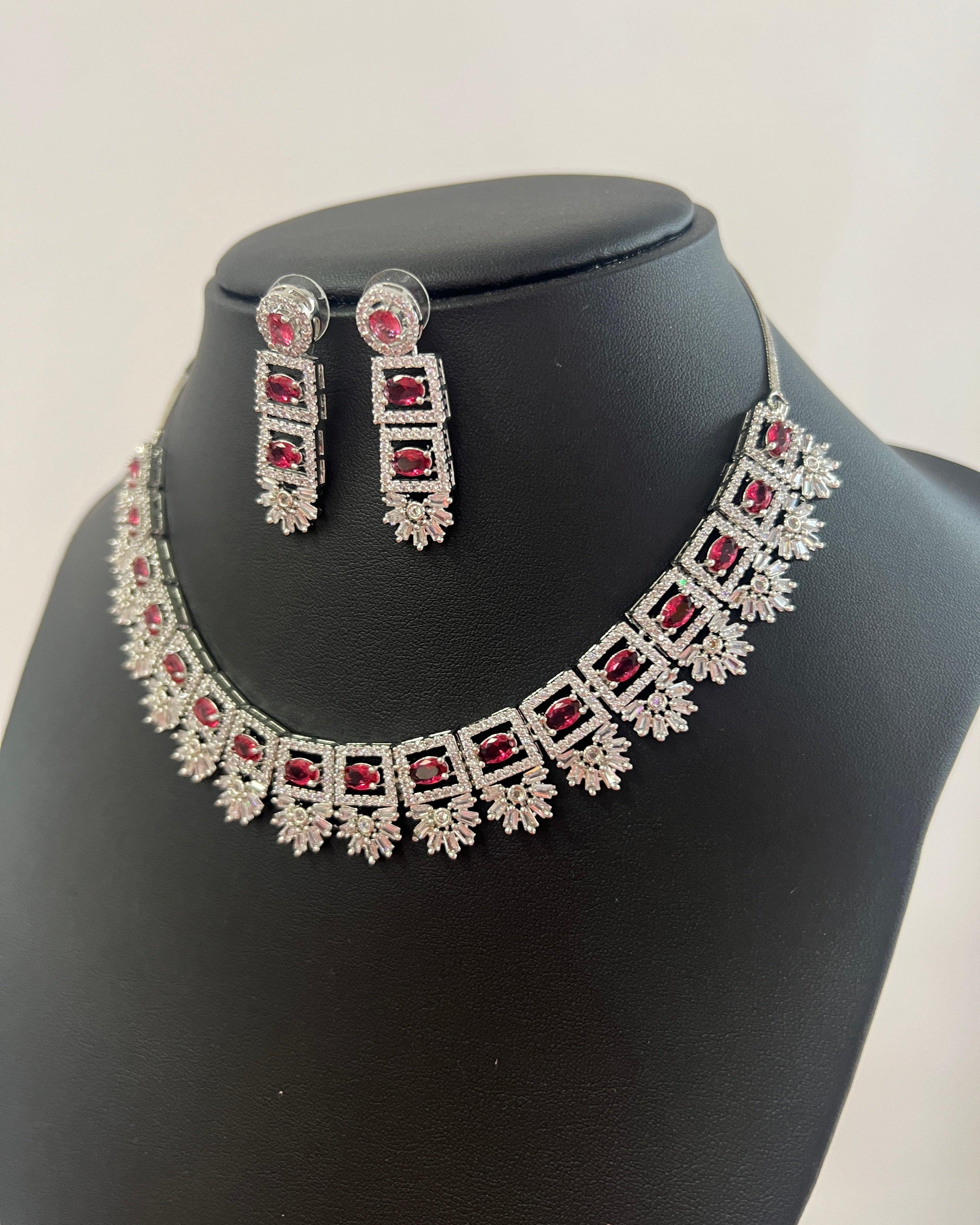 American Diamond Necklace Set with Red Stone - Boutique Nepal Australia 