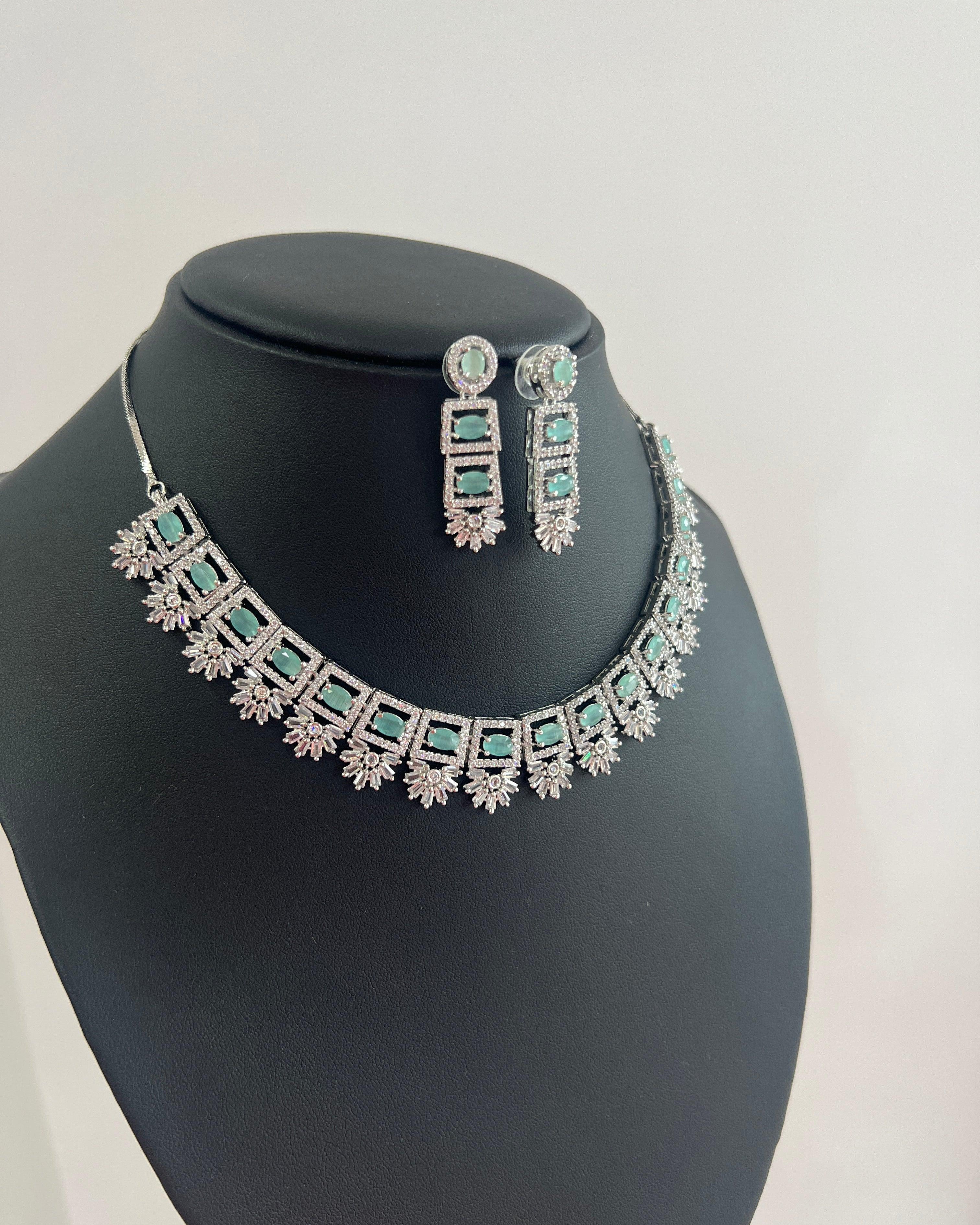 American Diamond Necklace Set with Sea Green Stone - Boutique Nepal Australia 