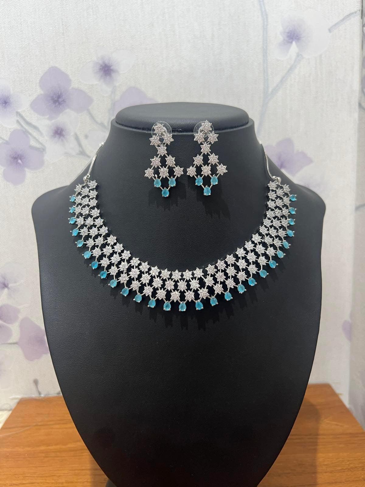 American Diamond Necklace Set with Sky Blue Stone - Boutique Nepal