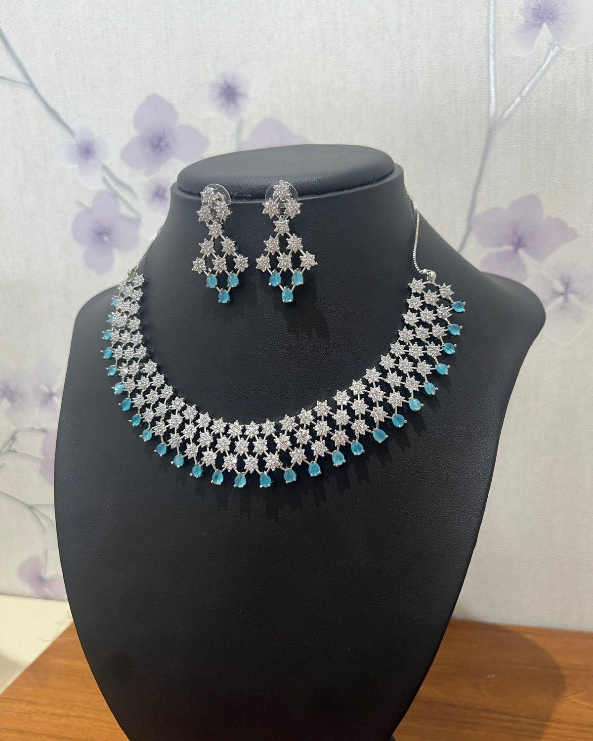 American Diamond Necklace Set with Sky Blue Stone - Boutique Nepal