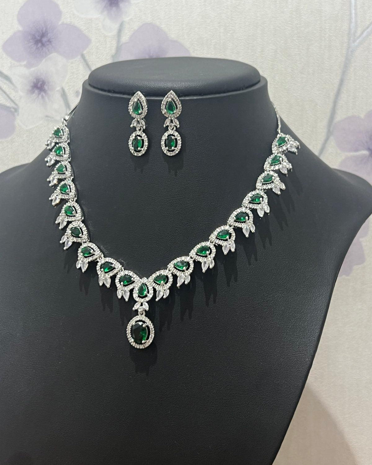 American Diamond Necklace with Green Stone - Boutique Nepal