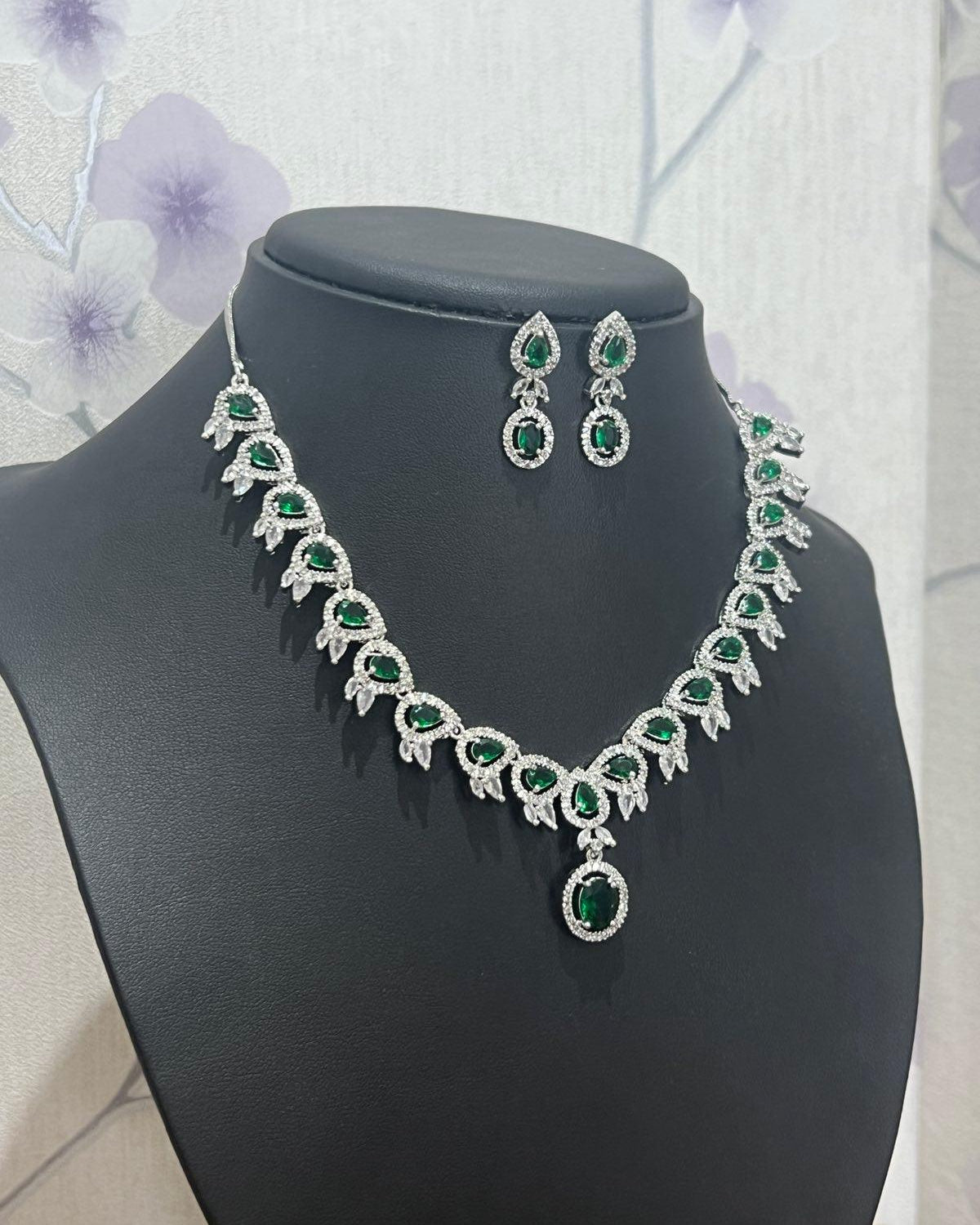 American Diamond Necklace with Green Stone - Boutique Nepal