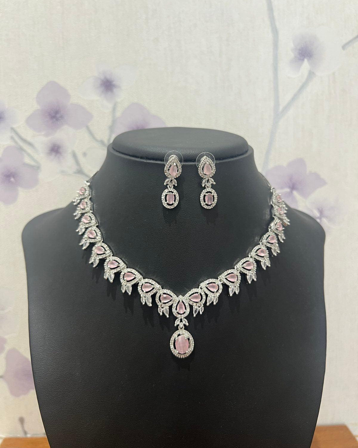 American Diamond Necklace with Pink Stone - Boutique Nepal