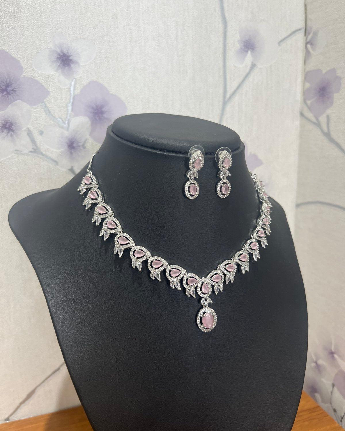 American Diamond Necklace with Pink Stone - Boutique Nepal