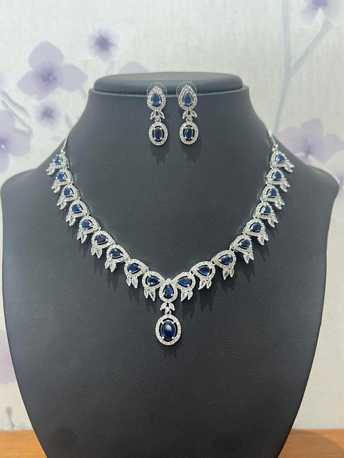 American Diamond Necklace with Royal Blue Stone - Boutique Nepal