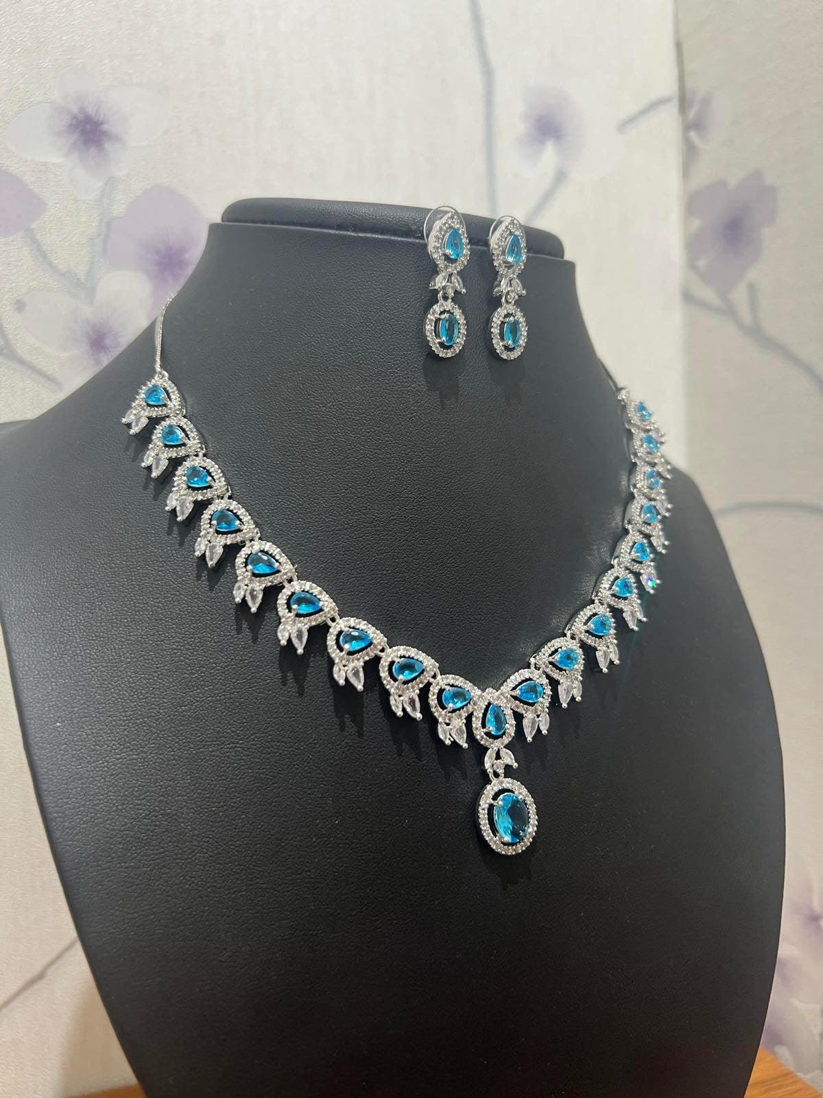 American Diamond Necklace with Sky Blue Stone - Boutique Nepal