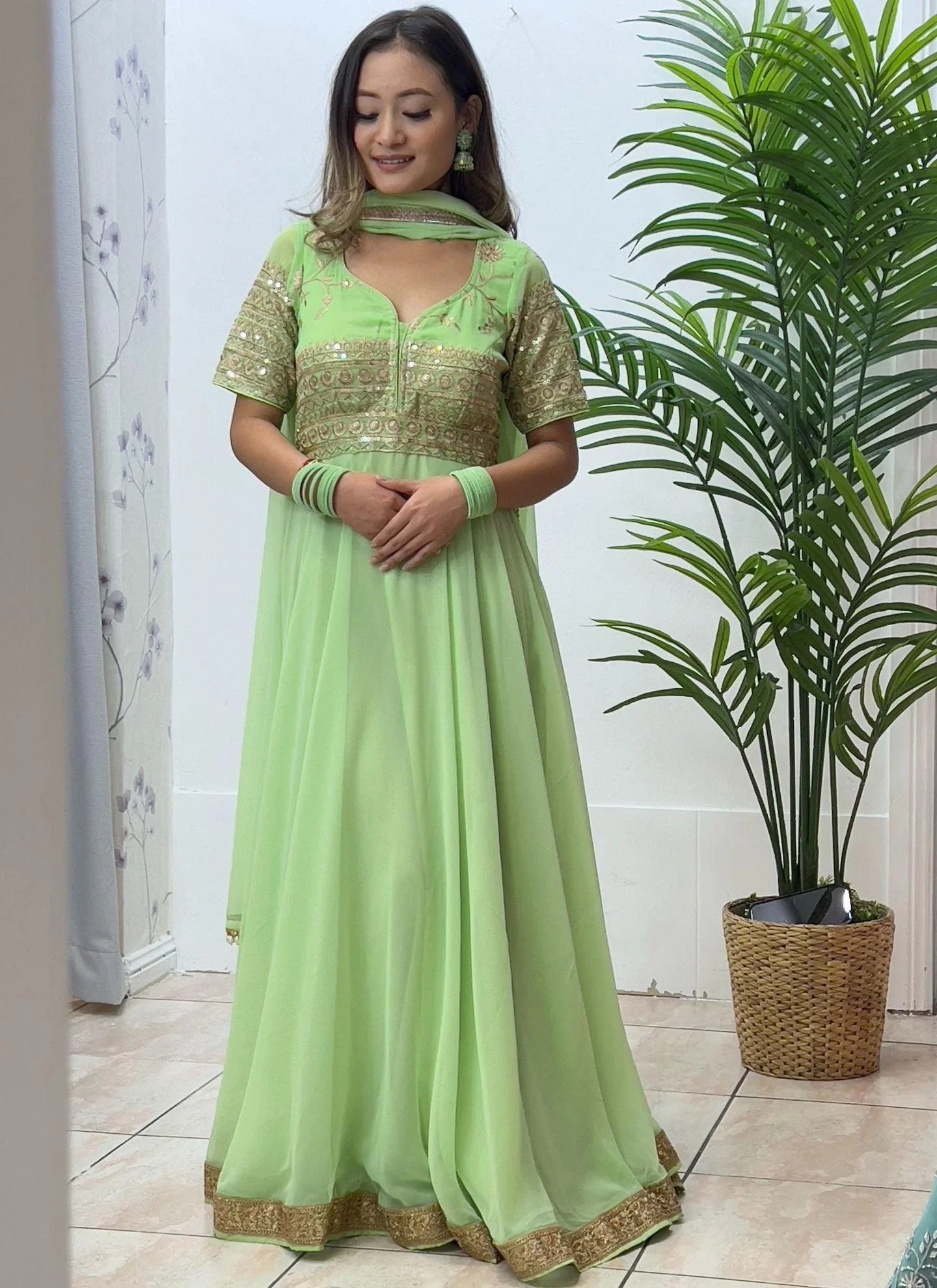 Anarkali Gown In Mint Color - Boutique Nepal