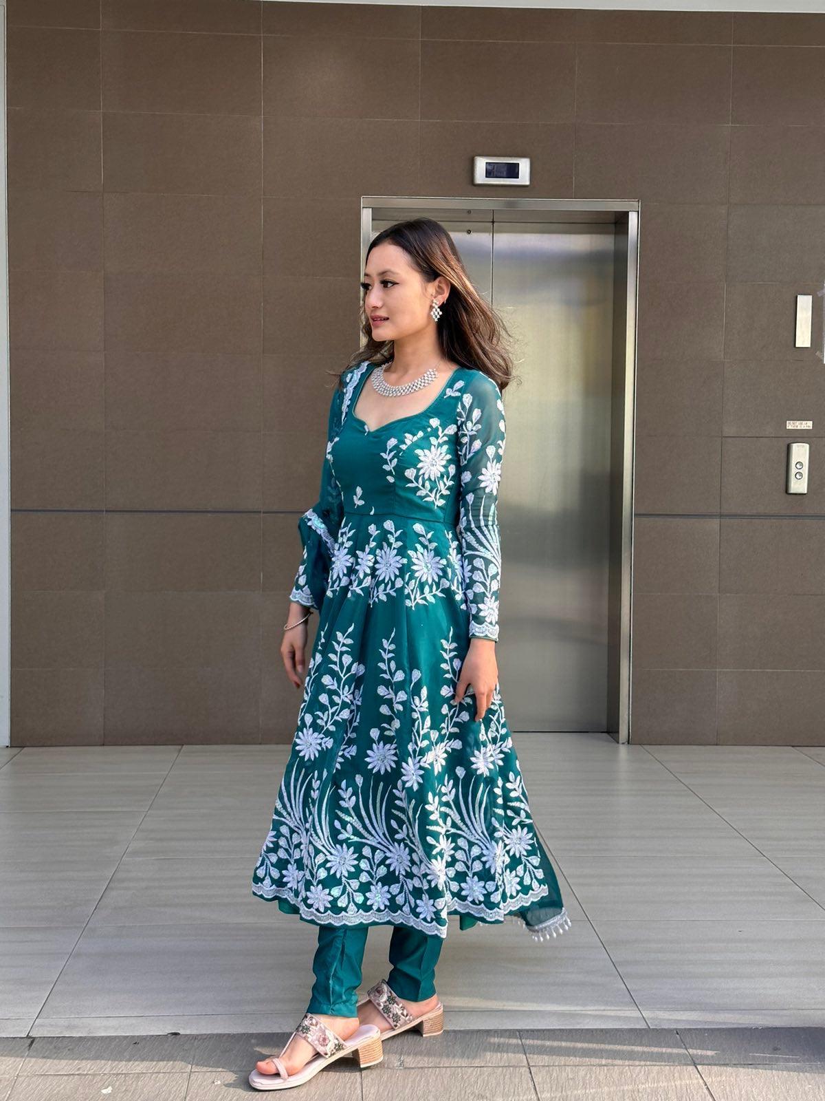 Anarkali Kurta Set In Green - Boutique Nepal