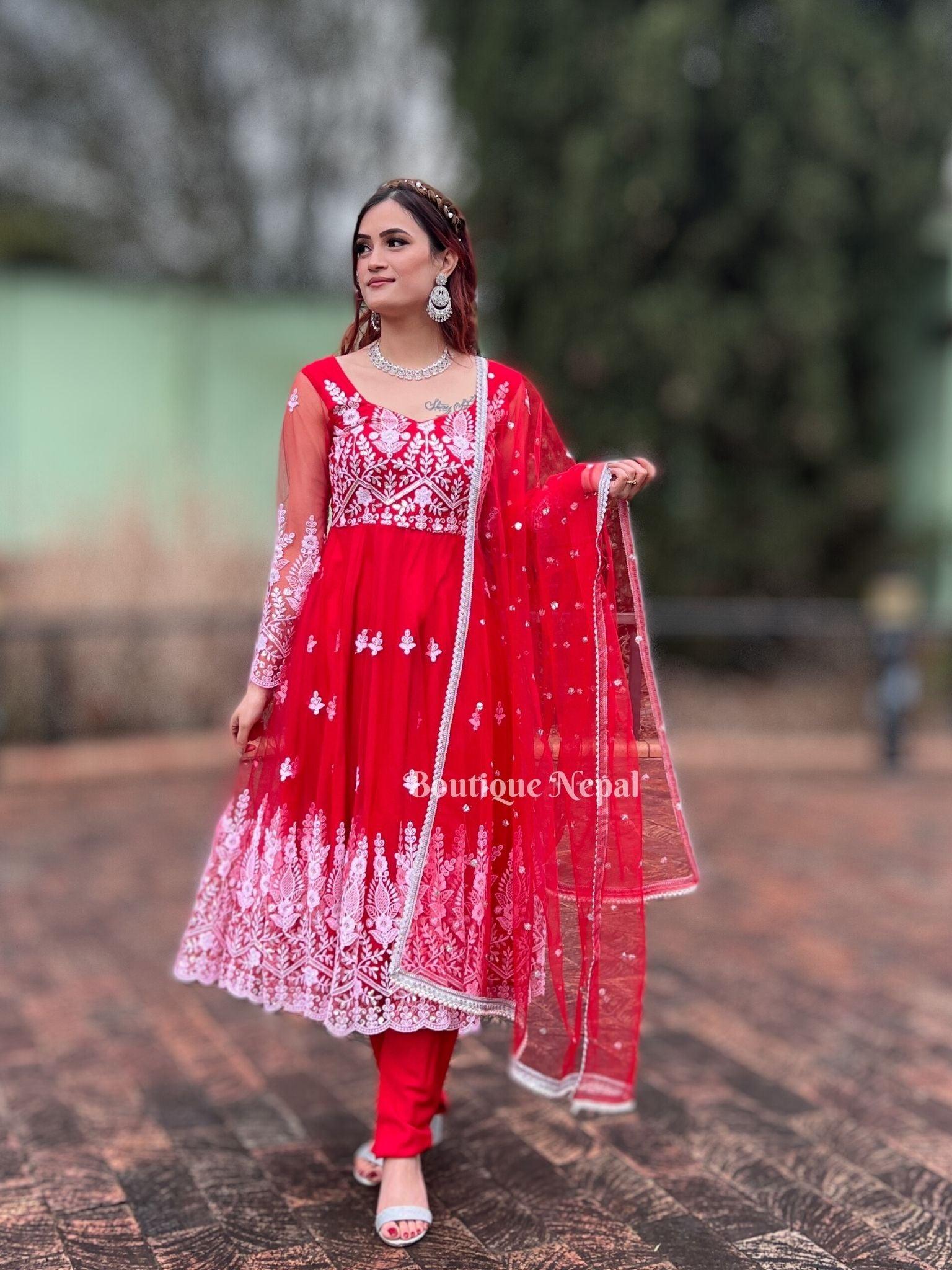 Anarkali Kurta Set In Red - Boutique Nepal