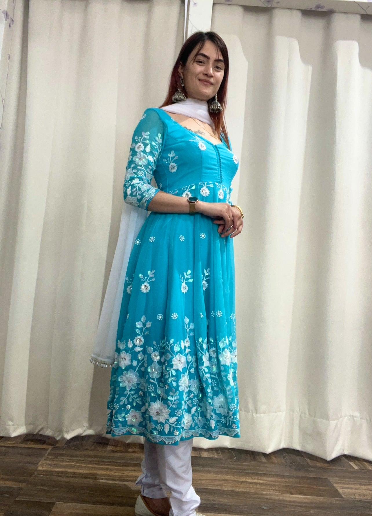 Anarkali Kurta Set In Sky Blue - Boutique Nepal