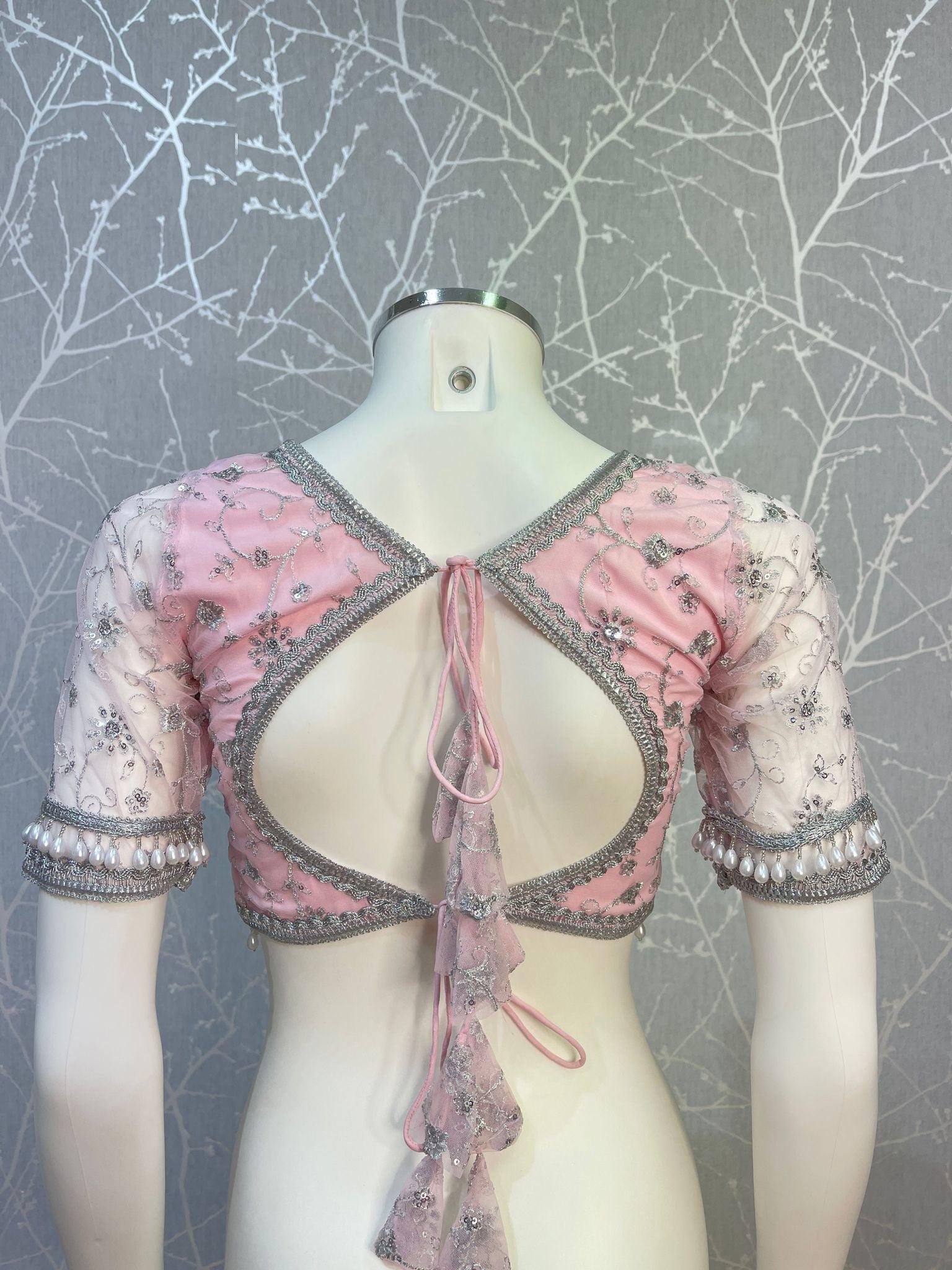 Baby Pink Net Blouse with Pearl