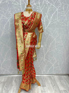 Banarasi Red Saree with Gold Print - Boutique Nepal