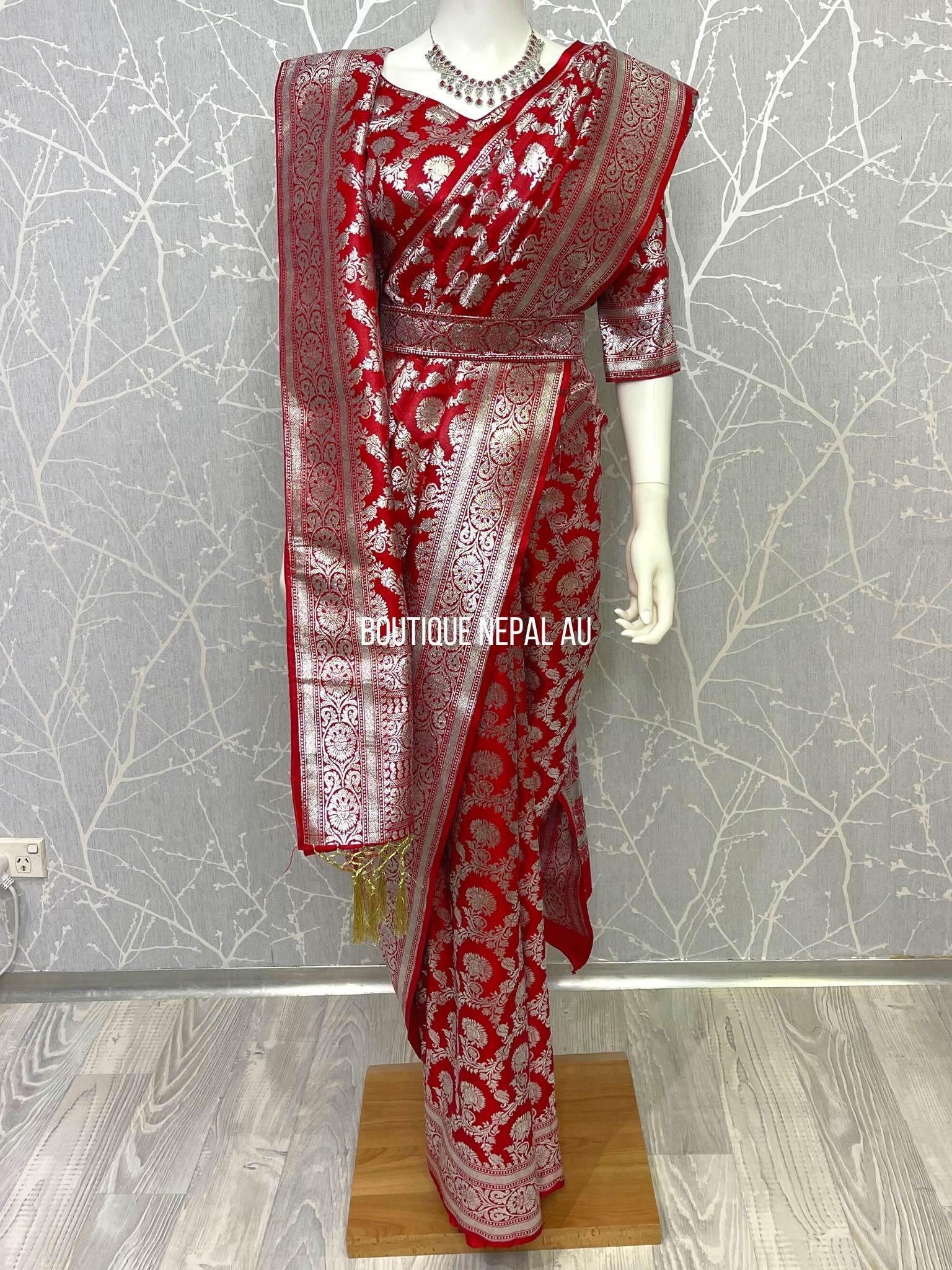 Banarasi Saree In Silver Print - Boutique Nepal