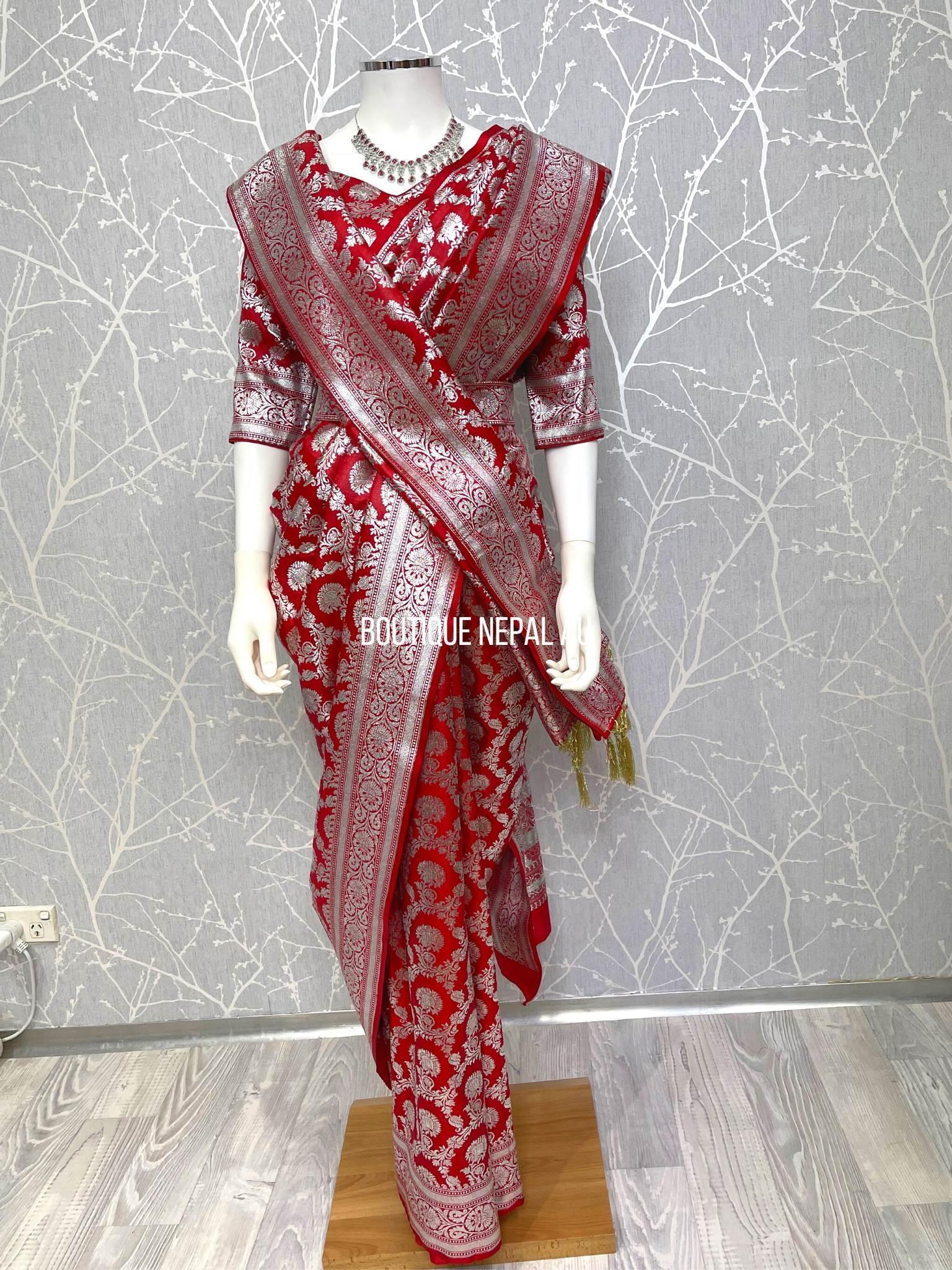 Banarasi Saree In Silver Print - Boutique Nepal