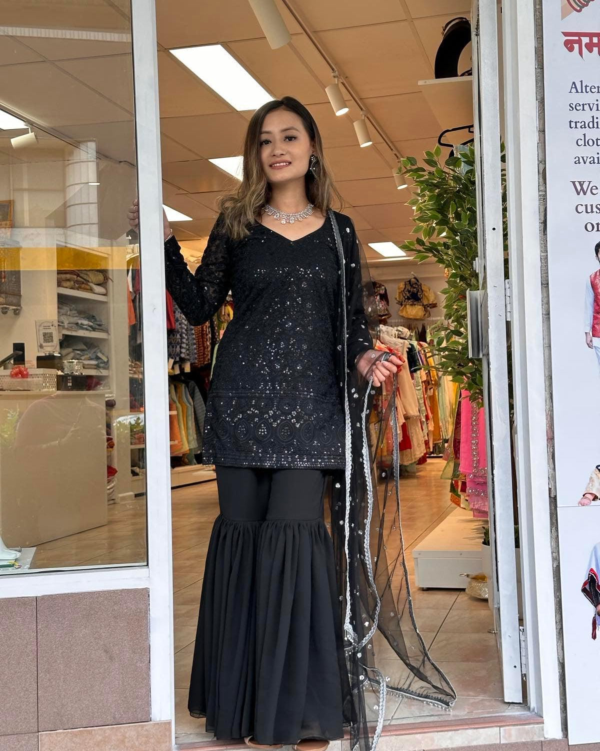 Black Designer Kurthi Plazo Set - Boutique Nepal