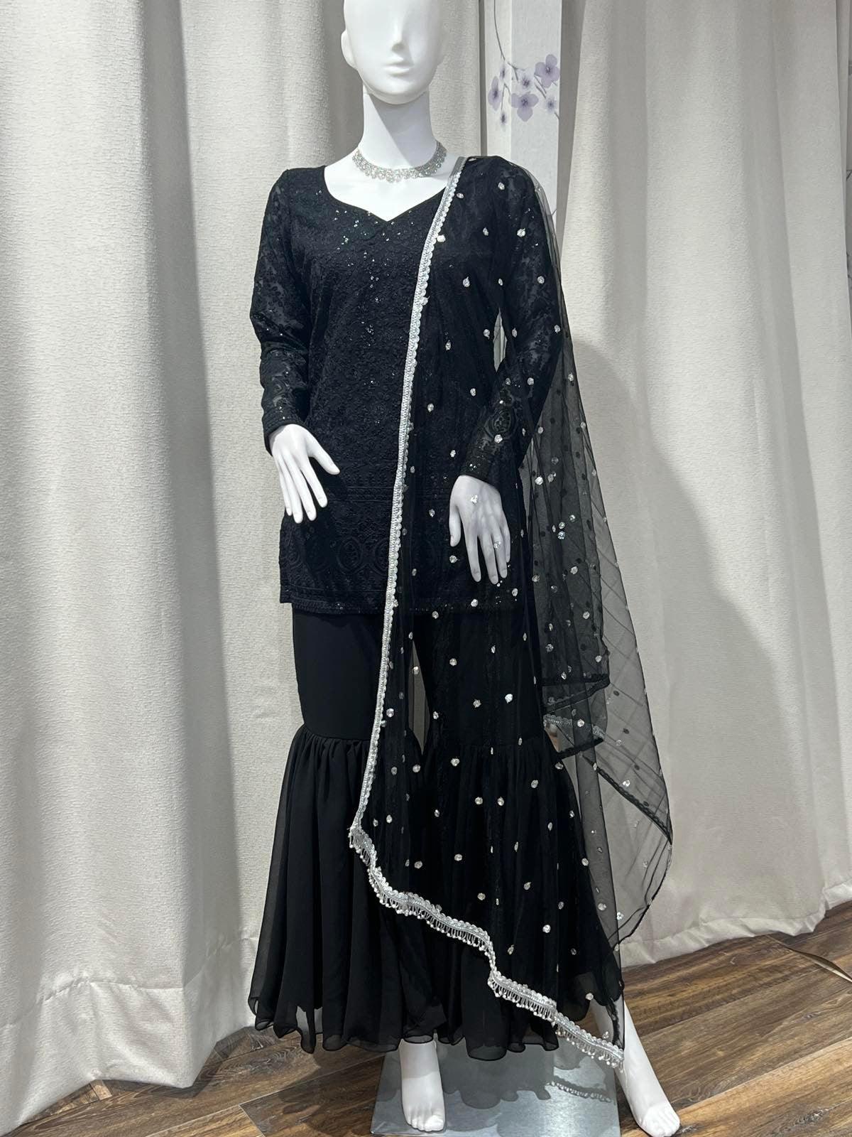 Black Designer Kurthi Plazo Set - Boutique Nepal