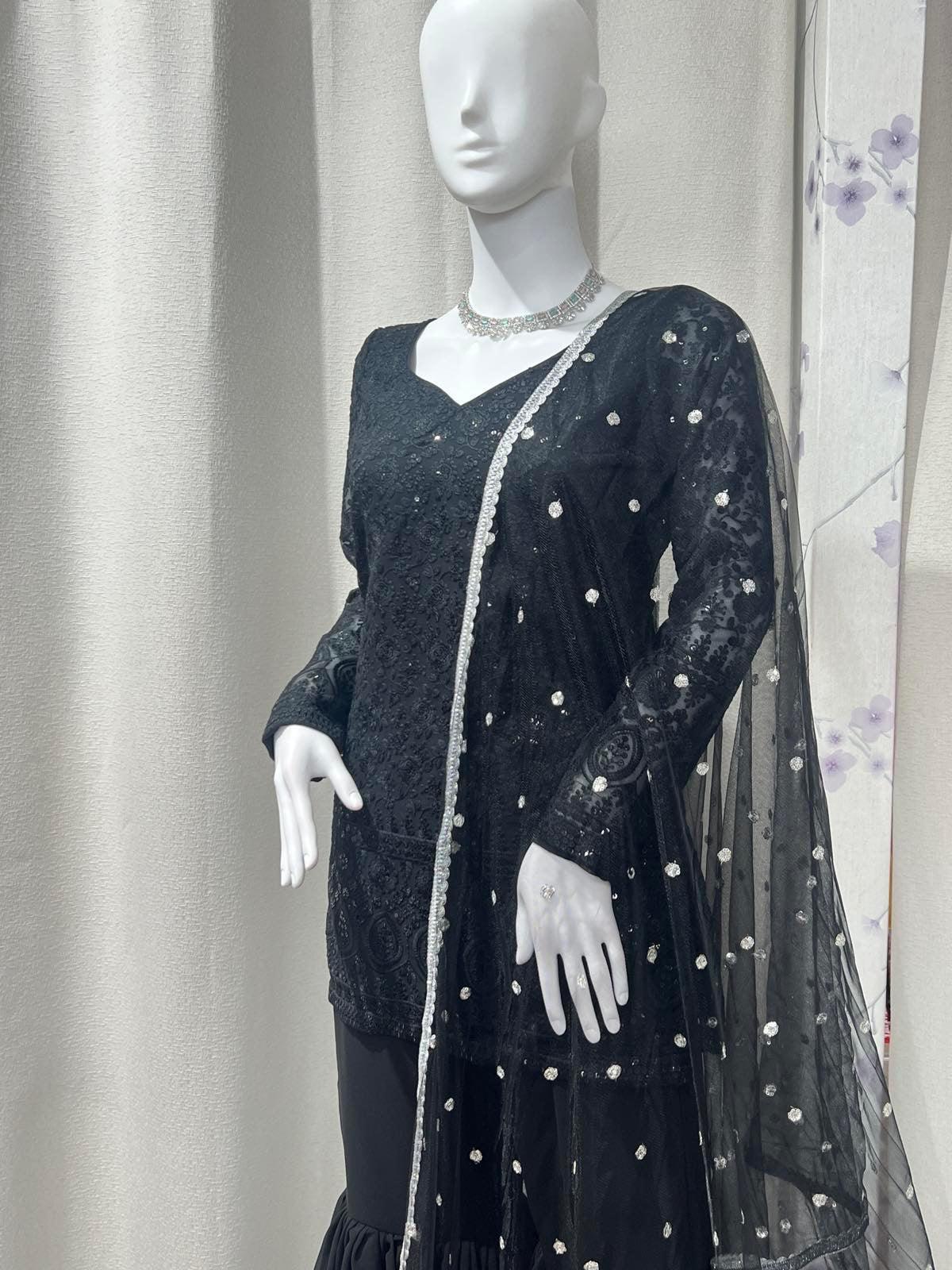 Black Designer Kurthi Plazo Set - Boutique Nepal