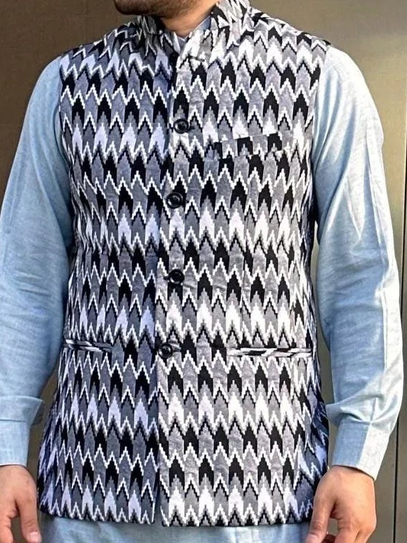 Black Dhaka Print Waistcoat With Topi - Boutique Nepal
