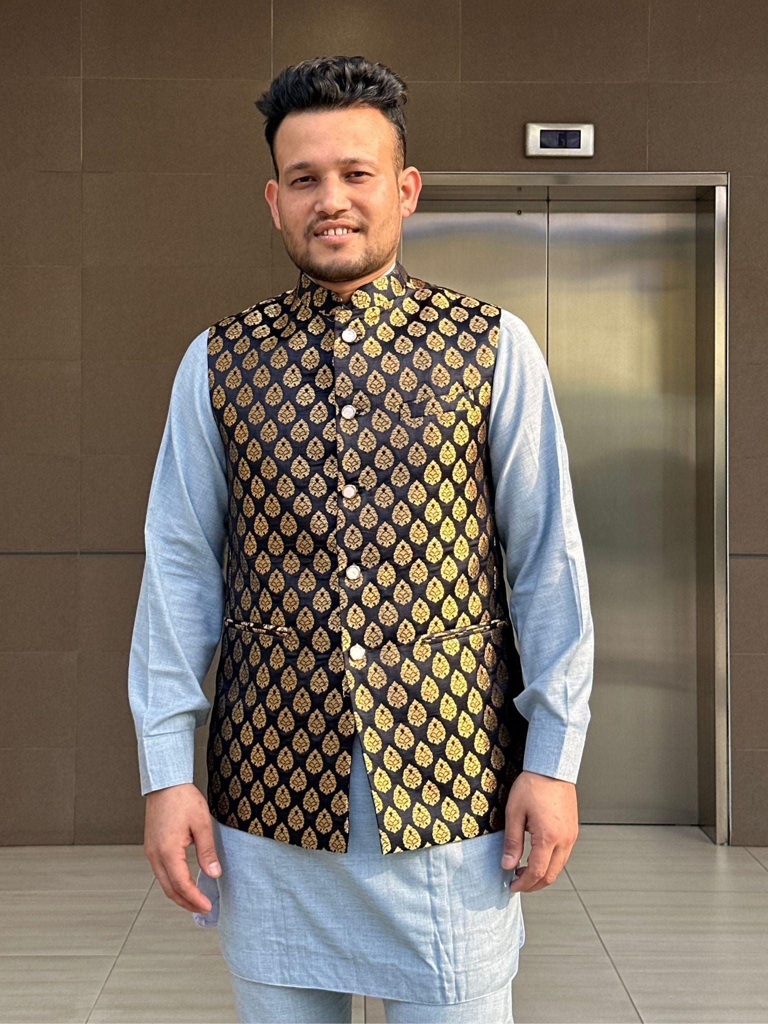 Black Waistcoat with Golden Pattern - Boutique Nepal