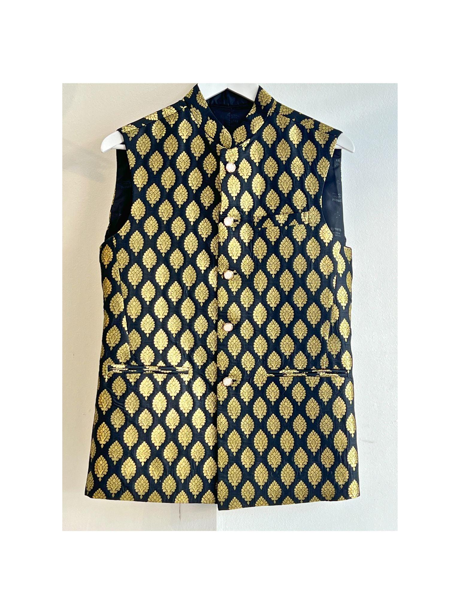 Black Waistcoat with Golden Pattern - Boutique Nepal