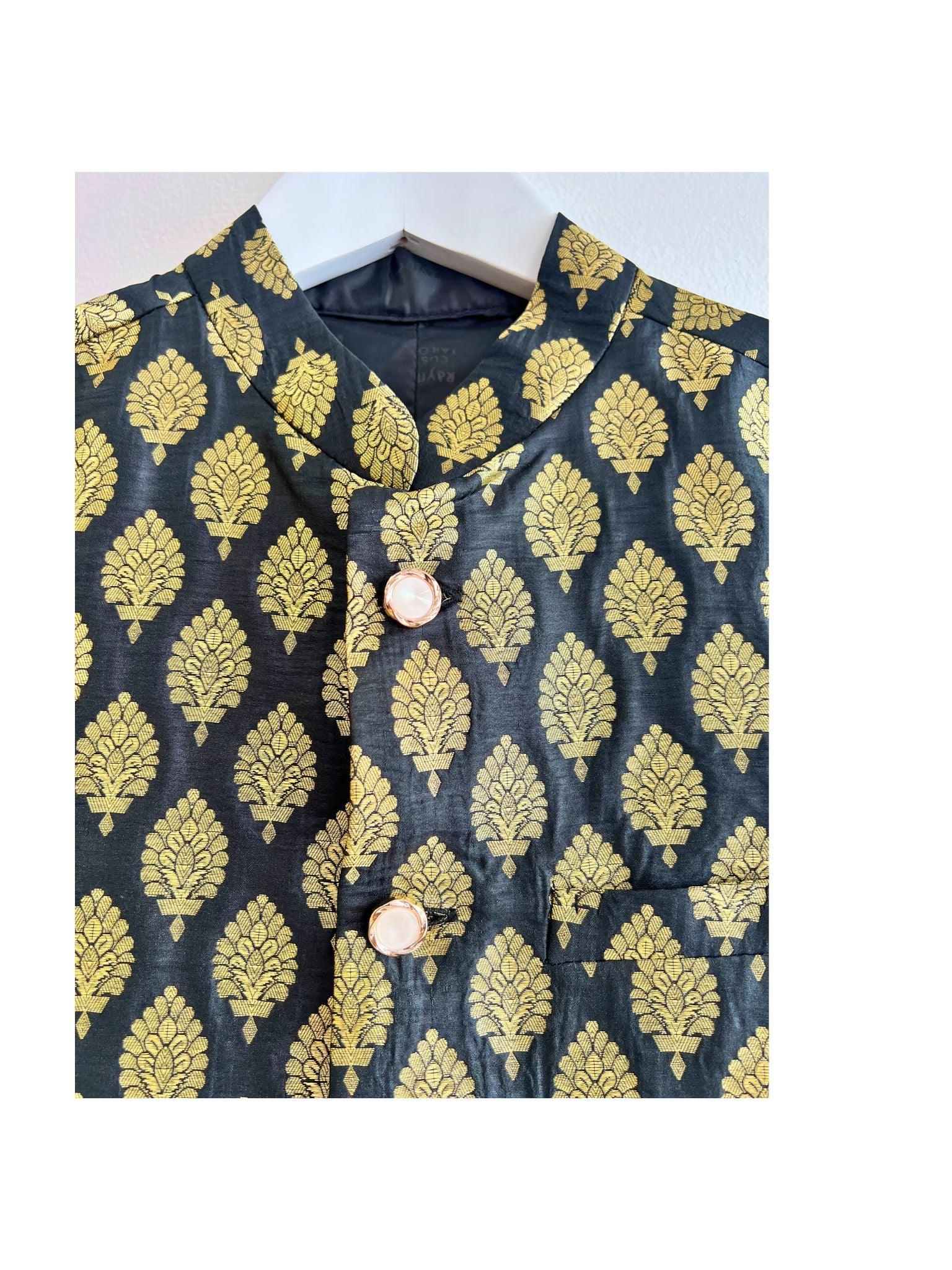 Black Waistcoat with Golden Pattern - Boutique Nepal