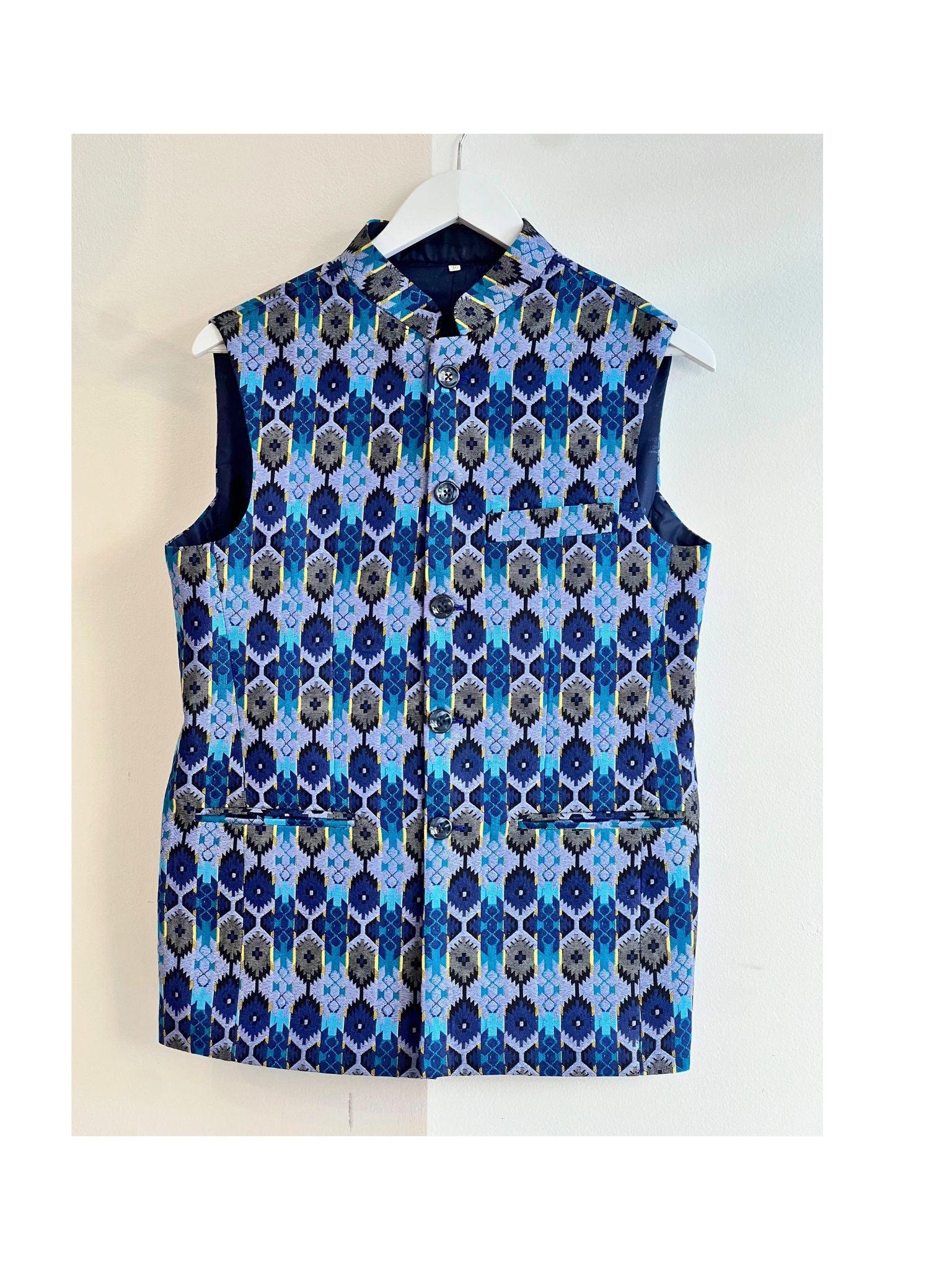 Blue Dhaka Inspired Waistcoat With Topi - Boutique Nepal