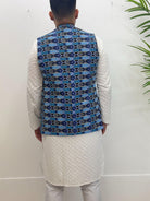 Blue Dhaka Inspired Waistcoat With Topi - Boutique Nepal