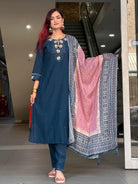 Blue Silk Blend Printed Readymade Kurta Set With Floral Print Dupatta - Boutique Nepal Australia 