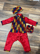 Boy Dress In Maroon, Blue and Yellow mix Dhaka Waist Coat - Boutique Nepal