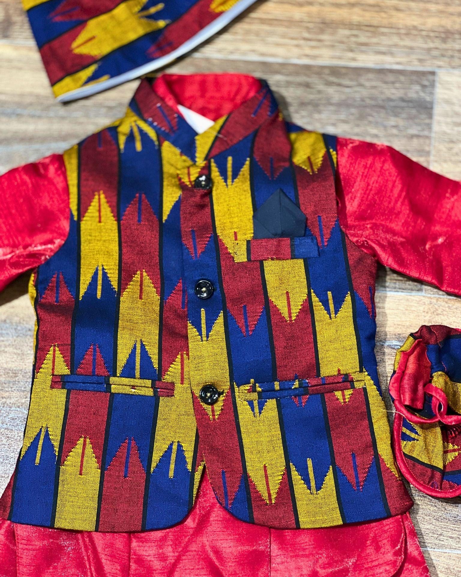 Boy Dress In Maroon, Blue and Yellow mix Dhaka Waist Coat - Boutique Nepal Au