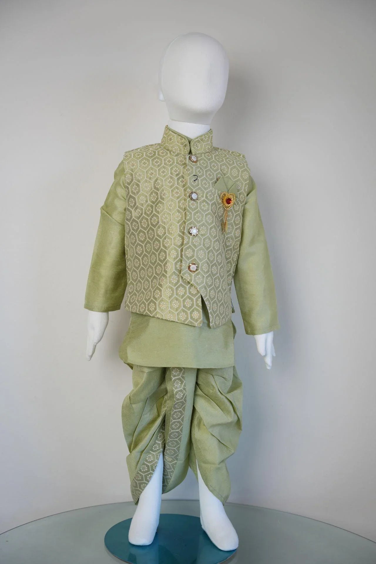 Boys Dhoti Kurta With Jacket In Olivegreen - Boutique Nepal