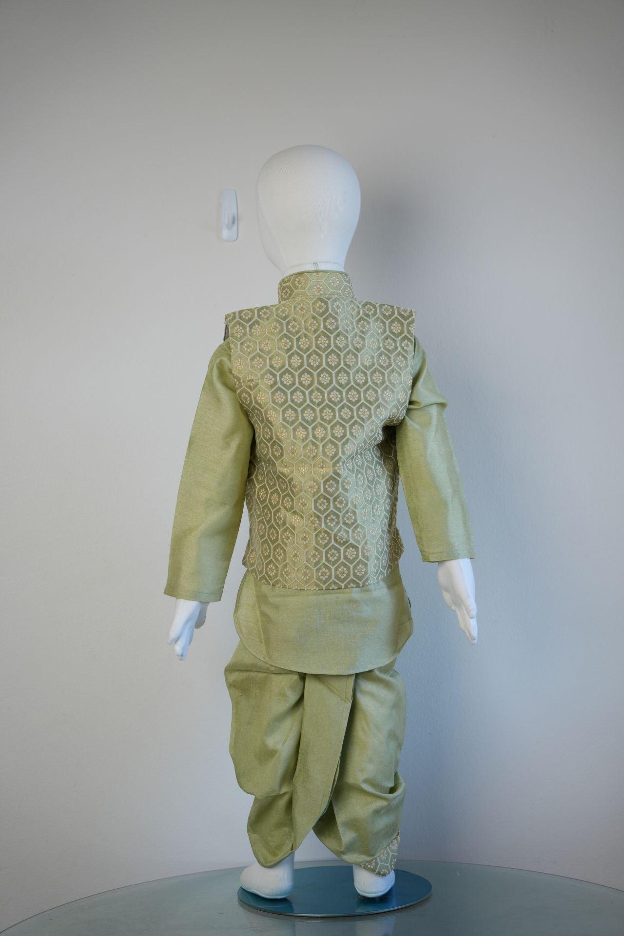 Boys Dhoti Kurta With Jacket In Olivegreen - Boutique Nepal