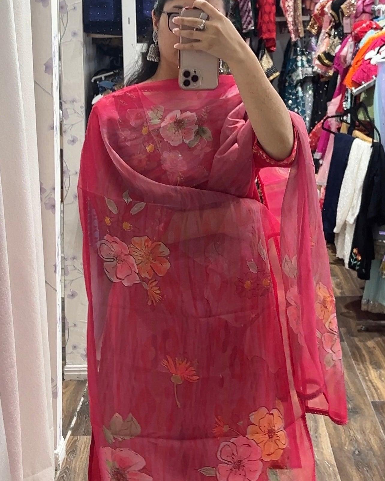 Bright Pink Flower Design Kurta Set - Boutique Nepal