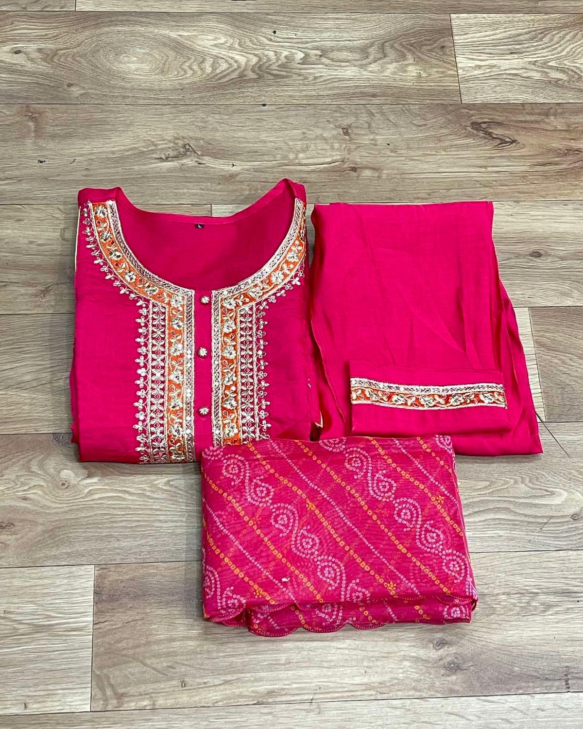 Bright Pink Three Piece Readymade Kurta Set - Boutique Nepal