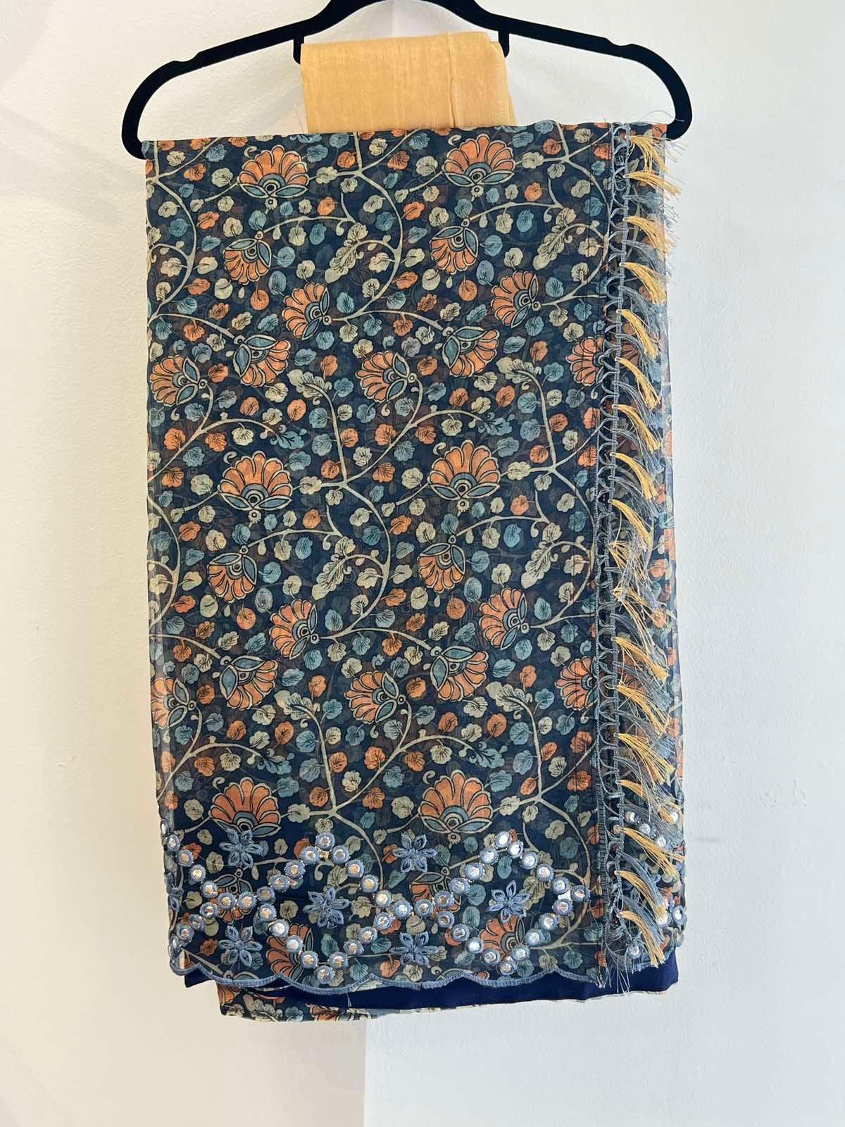 Chiffon Saree In Blue - Boutique Nepal