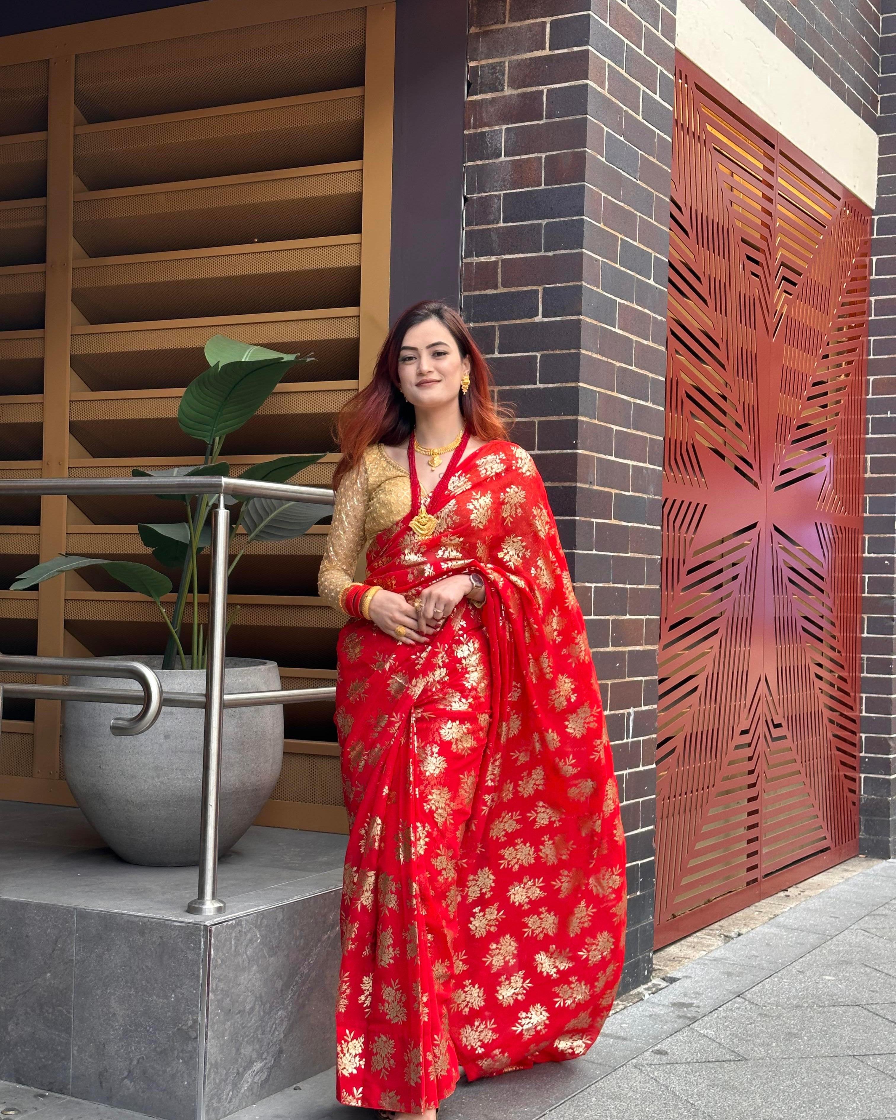 Chiffon Saree In Red - Boutique Nepal Australia 